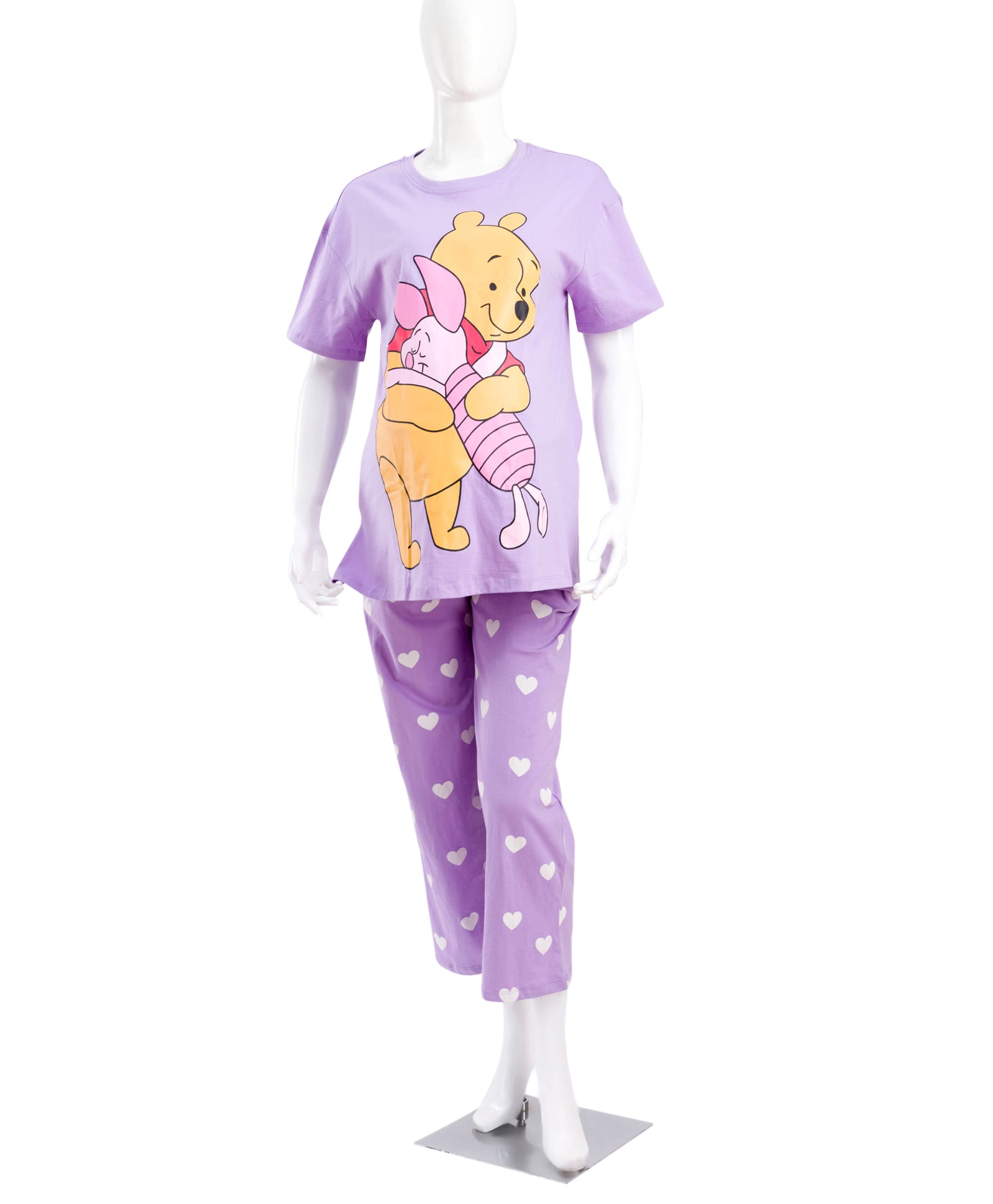 Bella Mama Disney Cotton Knit Drop Shoulder Half Sleeves Night Suit with Winnie the Pooh Graphic - Purple