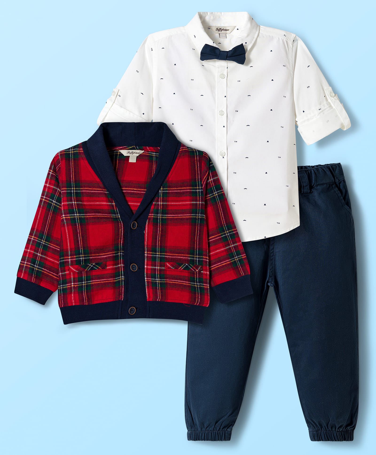 ToffyHouse Poplin Knit Full Sleeves Printed Party Shirt & Trouser Set With Bow & Checks Jacket - Navy Blue-image-33
