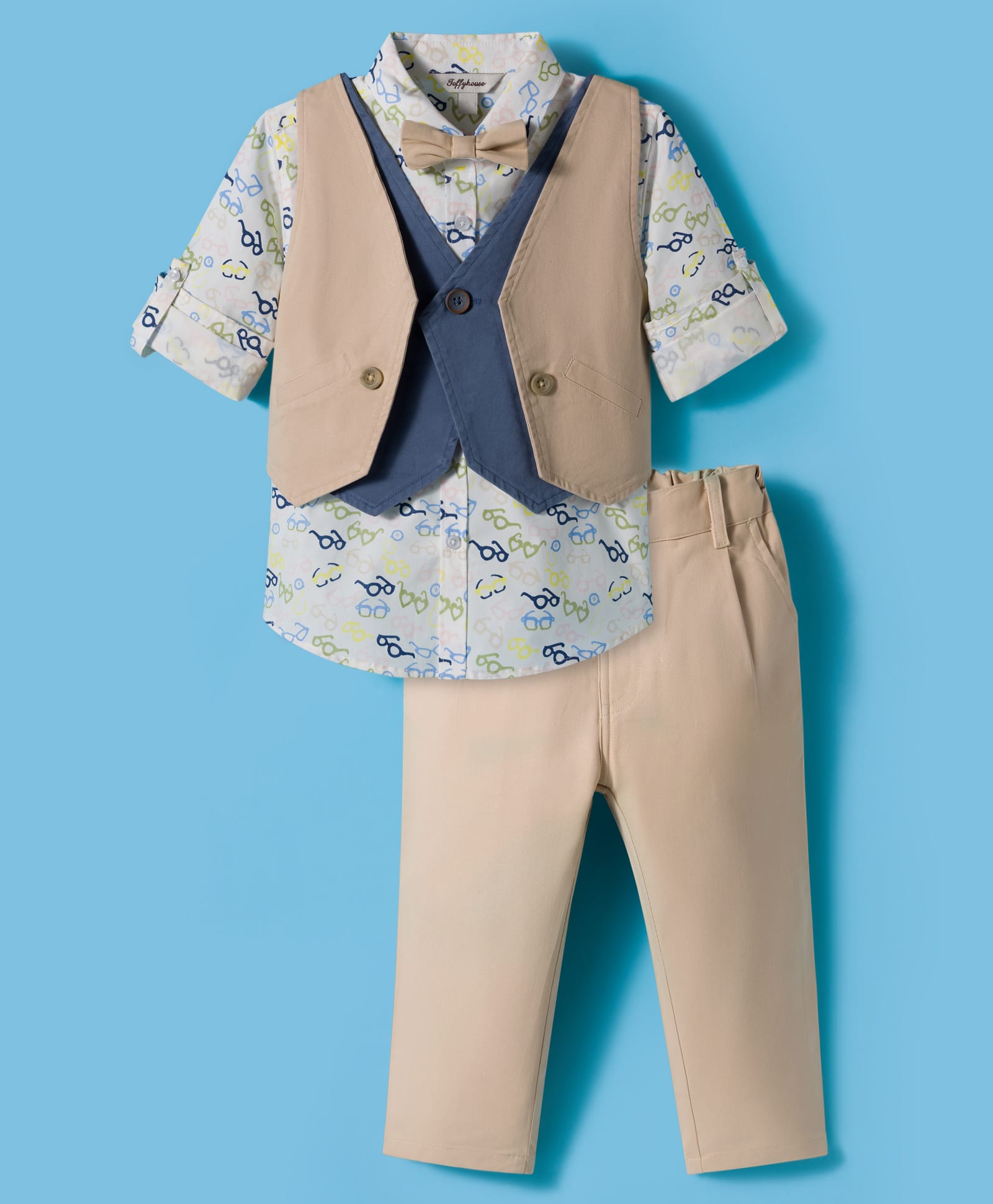 ToffyHouse Poplin Knit to Woven Full Sleeves 3 Piece Party Suit - Tan-picture-42