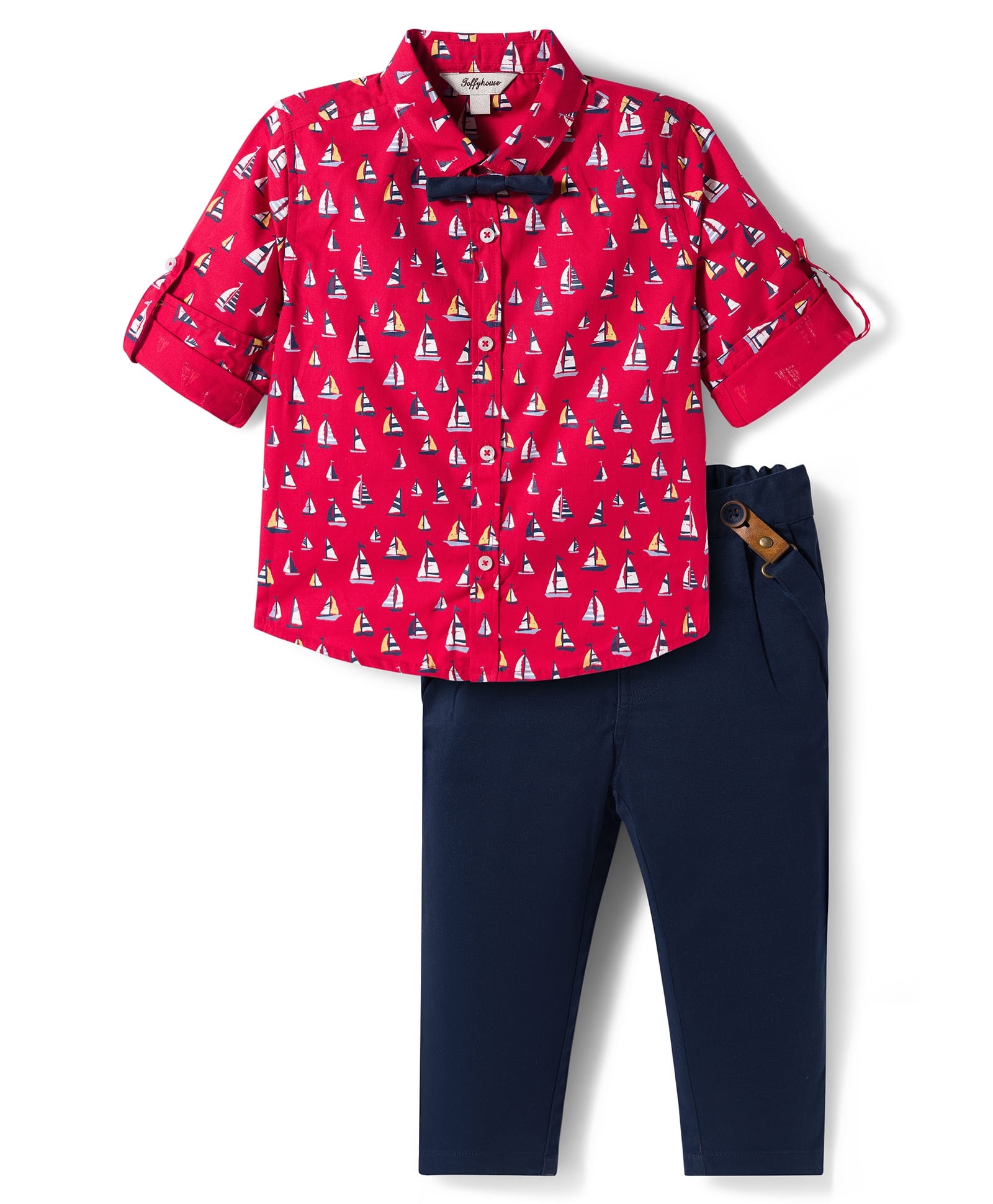 ToffyHouse Knit Full Sleeves Boat Printed Party Shirt & Woven Trouser Set With Bow & Suspender - Red & Navy Blue-picture-10