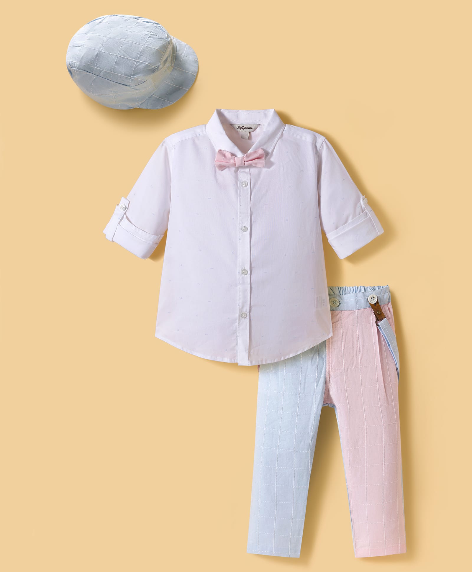 ToffyHouse Poplin Knit Full Sleeves Solid Party Shirt & Trouser Set With Bow Suspender & Cap - Multicolor-image-42