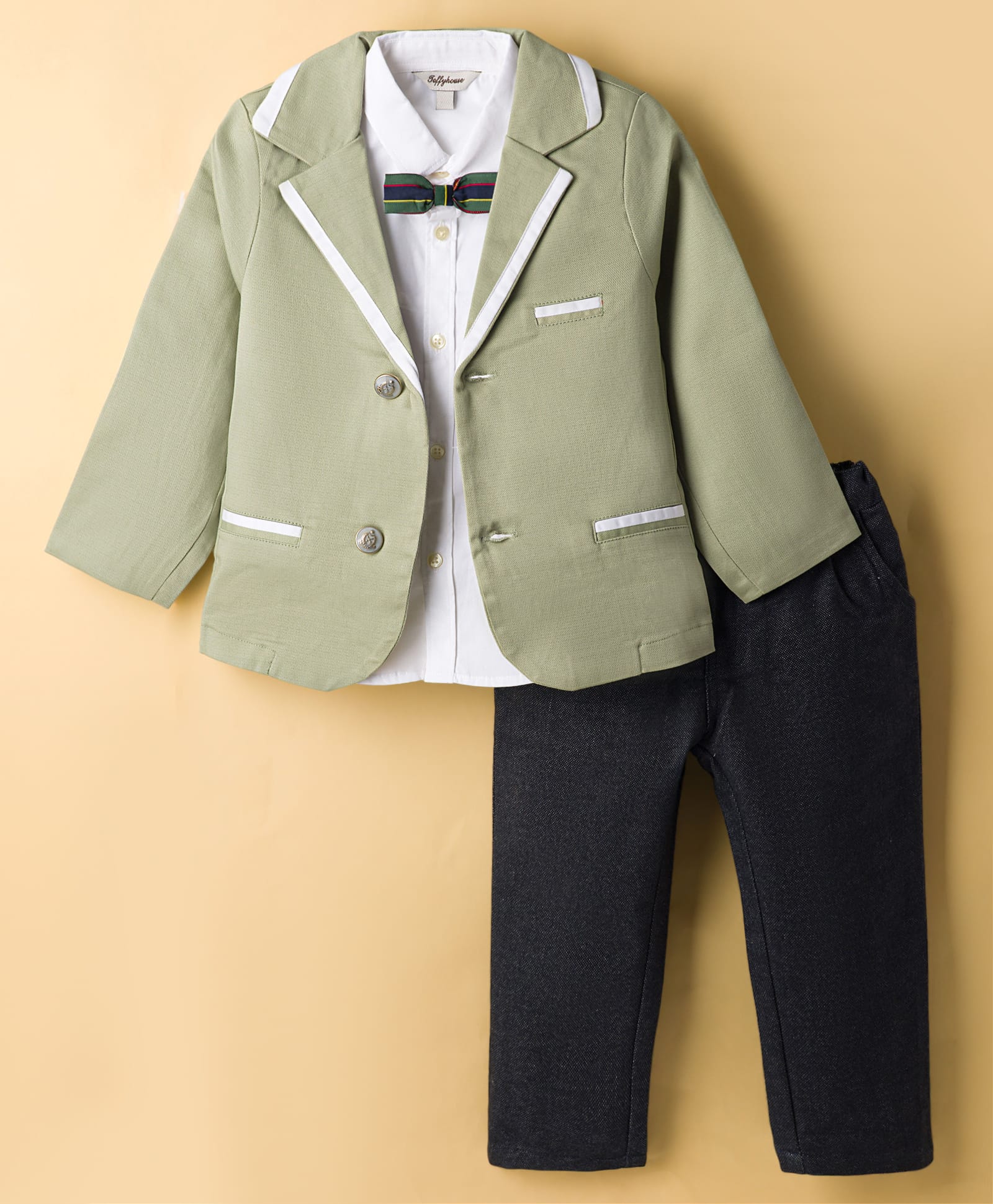 ToffyHouse Poplin Knit Full Sleeves Solid 3 Piece Party Suit With Bow Applique - Olive Green-picture-25