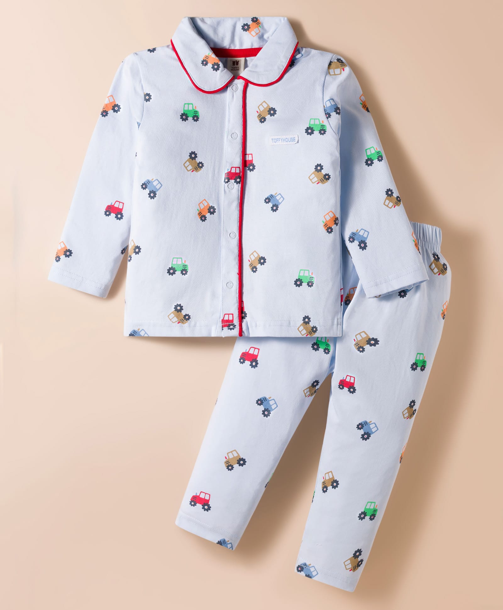 ToffyHouse Single Jersey Knit Full Sleeves Shirt Style & Lounge Pant Night Suit With Vehicle Print - Light Blue-picture-21