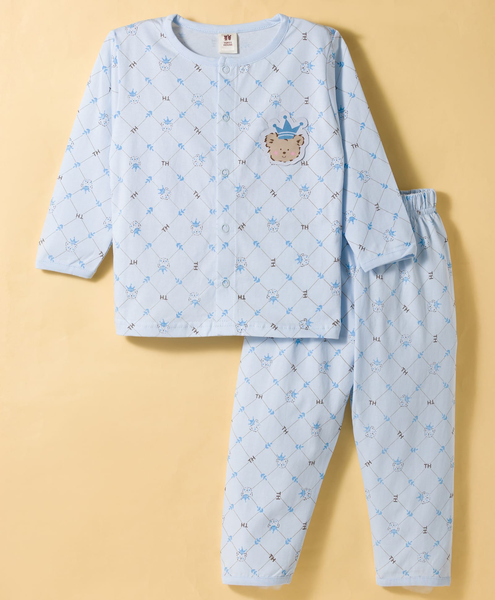 ToffyHouse Knit Full Sleeves T-Shirt Style & Lounge Pant Night Suit With Bear Print - Light Blue-image-38