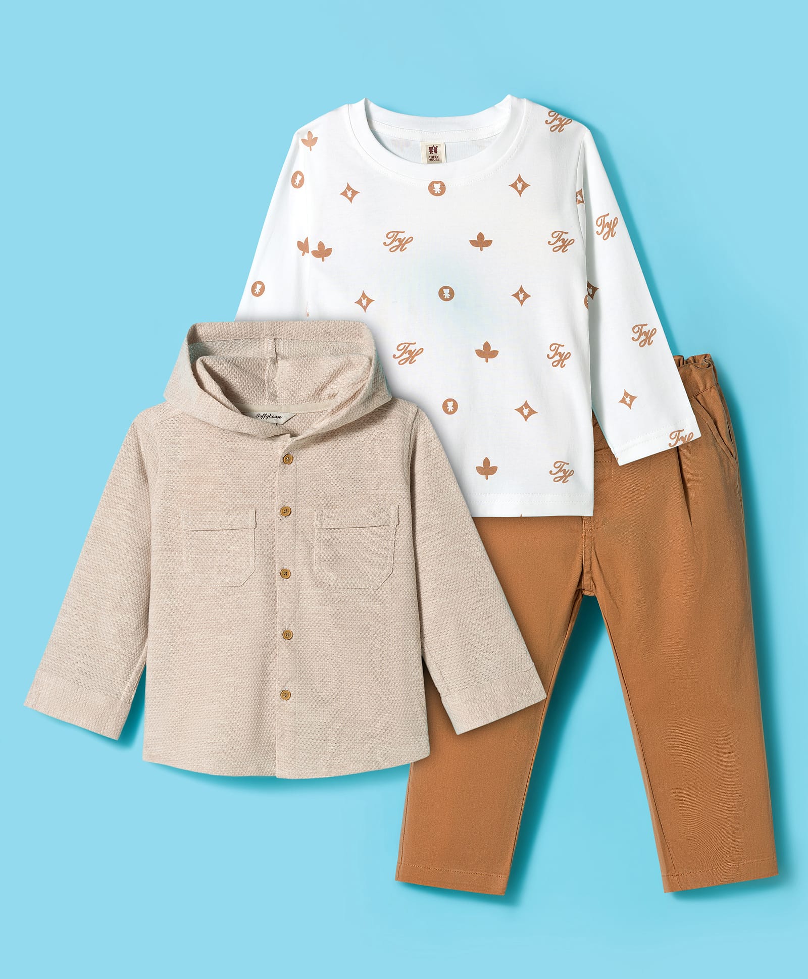 ToffyHouse Interlock Knit Full Sleeves Hooded Shirt & Trouser Set with Printed Inner Tee - Tan-image-3