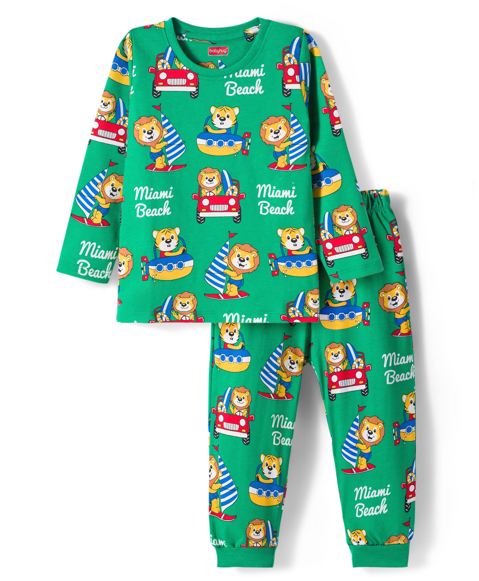 Babyhug Cotton Knit Full Sleeves Co-ords Night Suit with Animal Print - Green-image-40