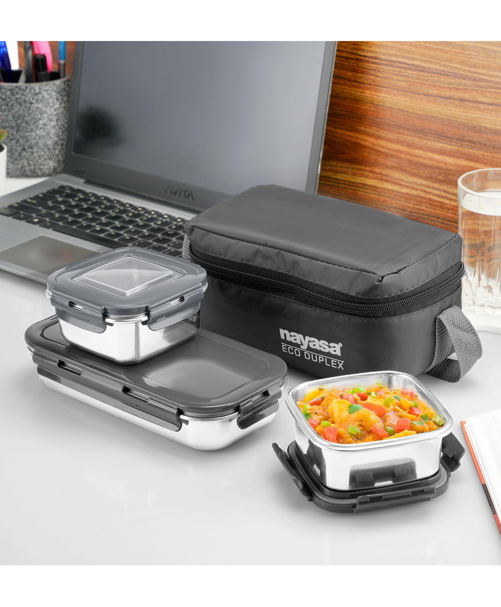Nayasa Eco Duplex 3 Stainless Steel Lunch Box With Bag Leakproof, Black-picture-13