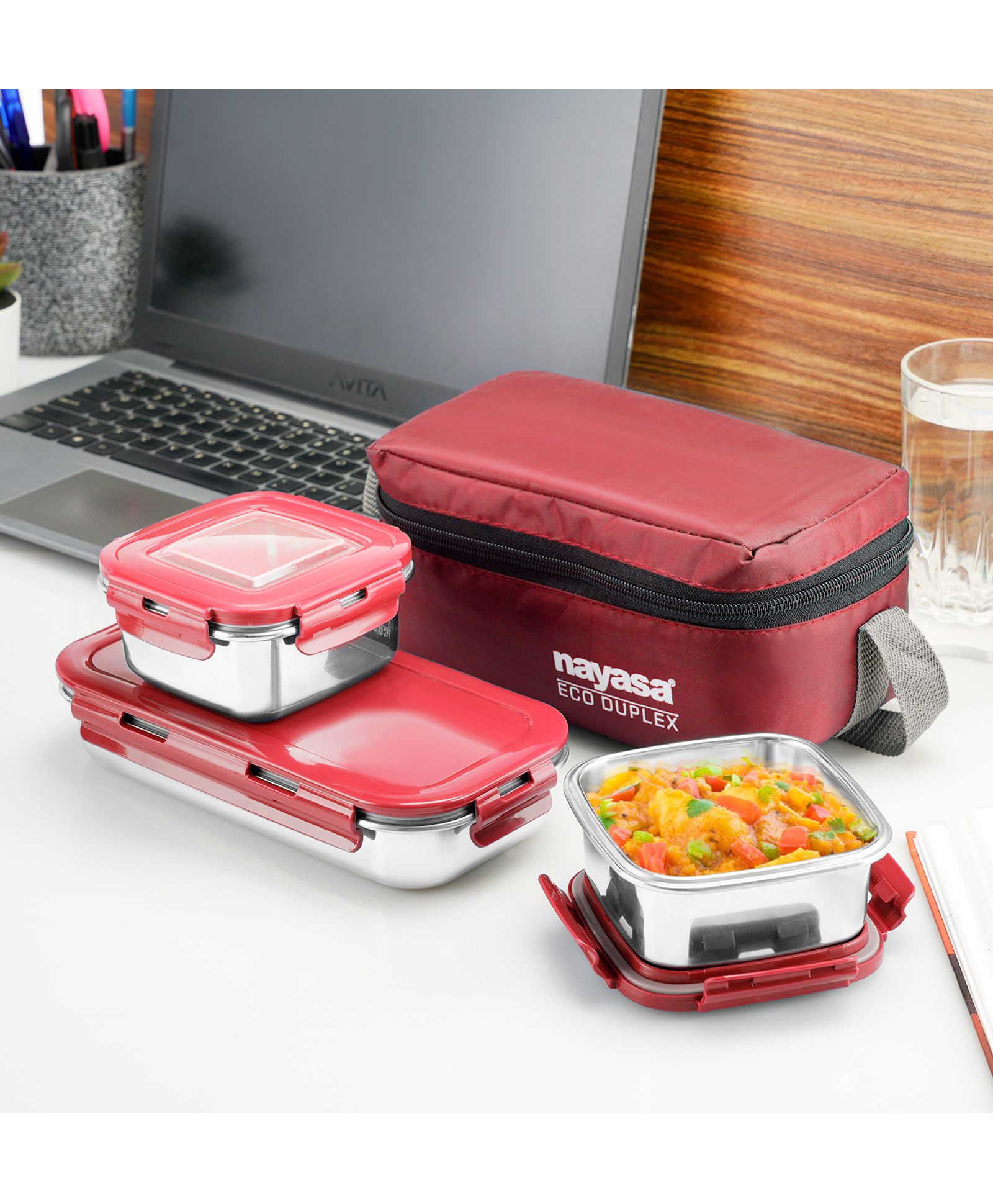 Nayasa Eco Duplex 3 Stainless Steel Lunch Box With Bag Leakproof, Red-picture-17