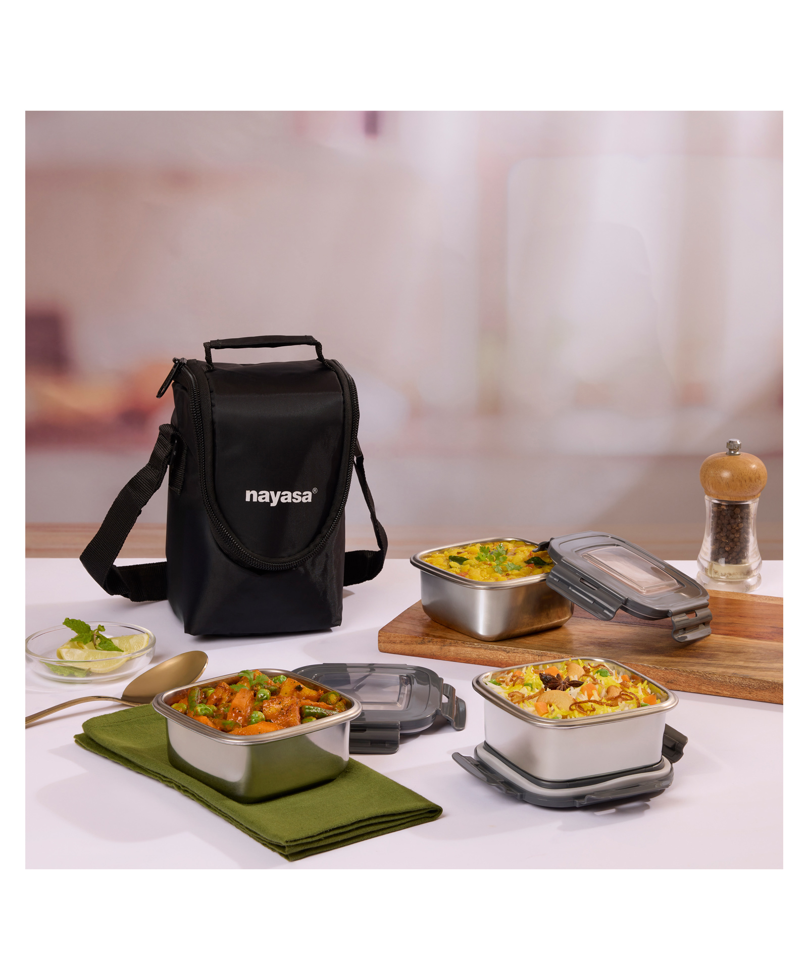 Nayasa Eco Crunch 3- 300Ml Stainless Steel Lunch Box With Zip Pouch Leakproof, Black-picture-6