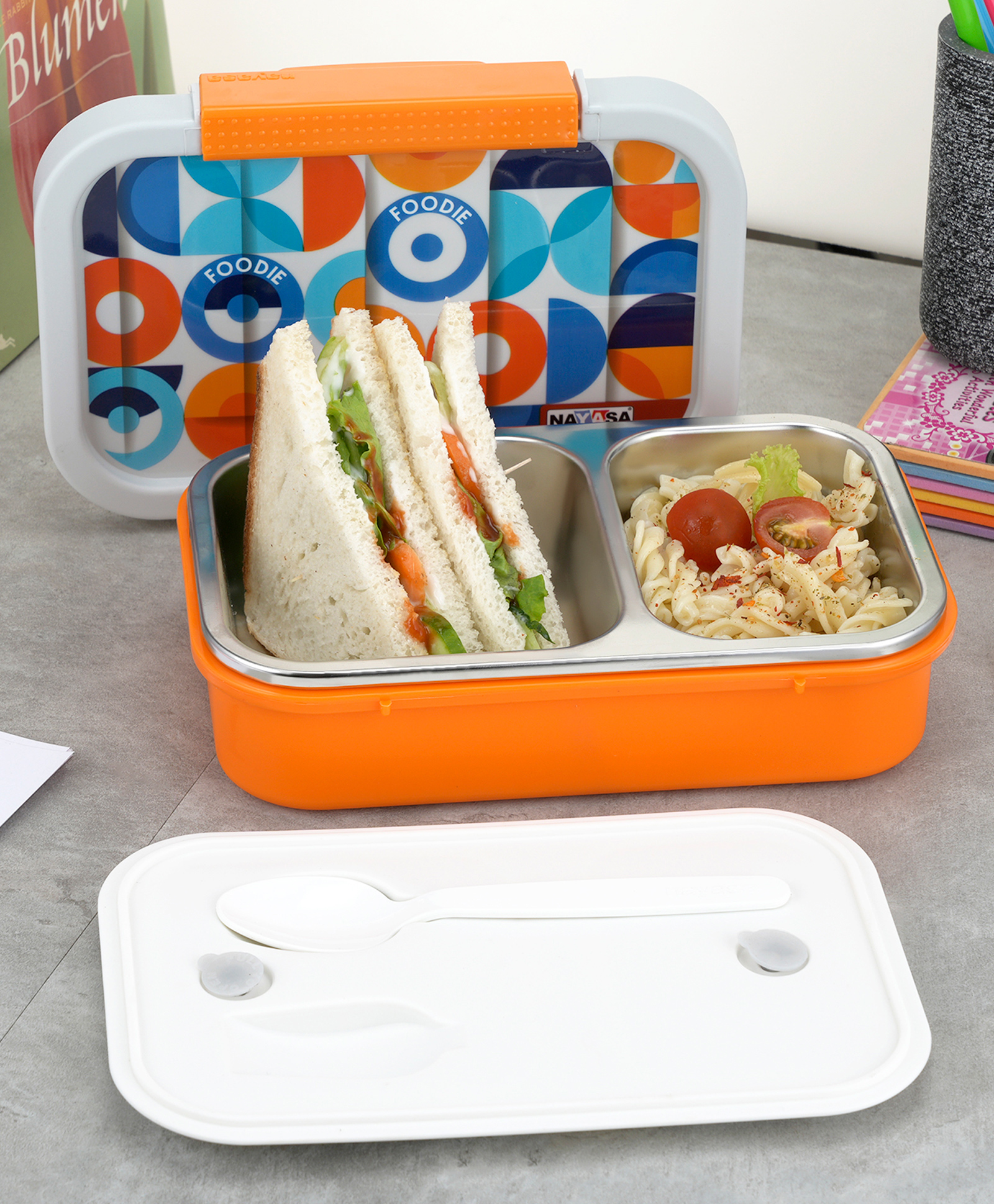 Nayasa Autobot 2-Compartment Insulated Stainless Steel Lunch Box, 650 ml, Leakproof- Medium, Orange-image-21