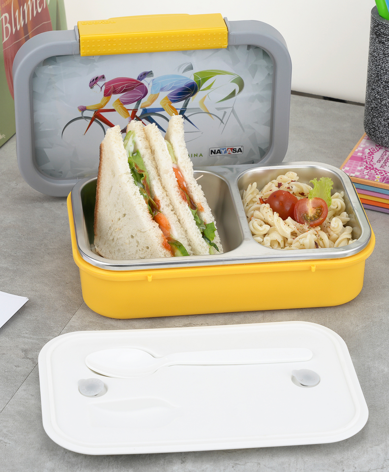 Nayasa Autobot 2-Compartment Insulated Stainless Steel Lunch Box, 650 ml, Leakproof- Medium, Yellow-picture-34