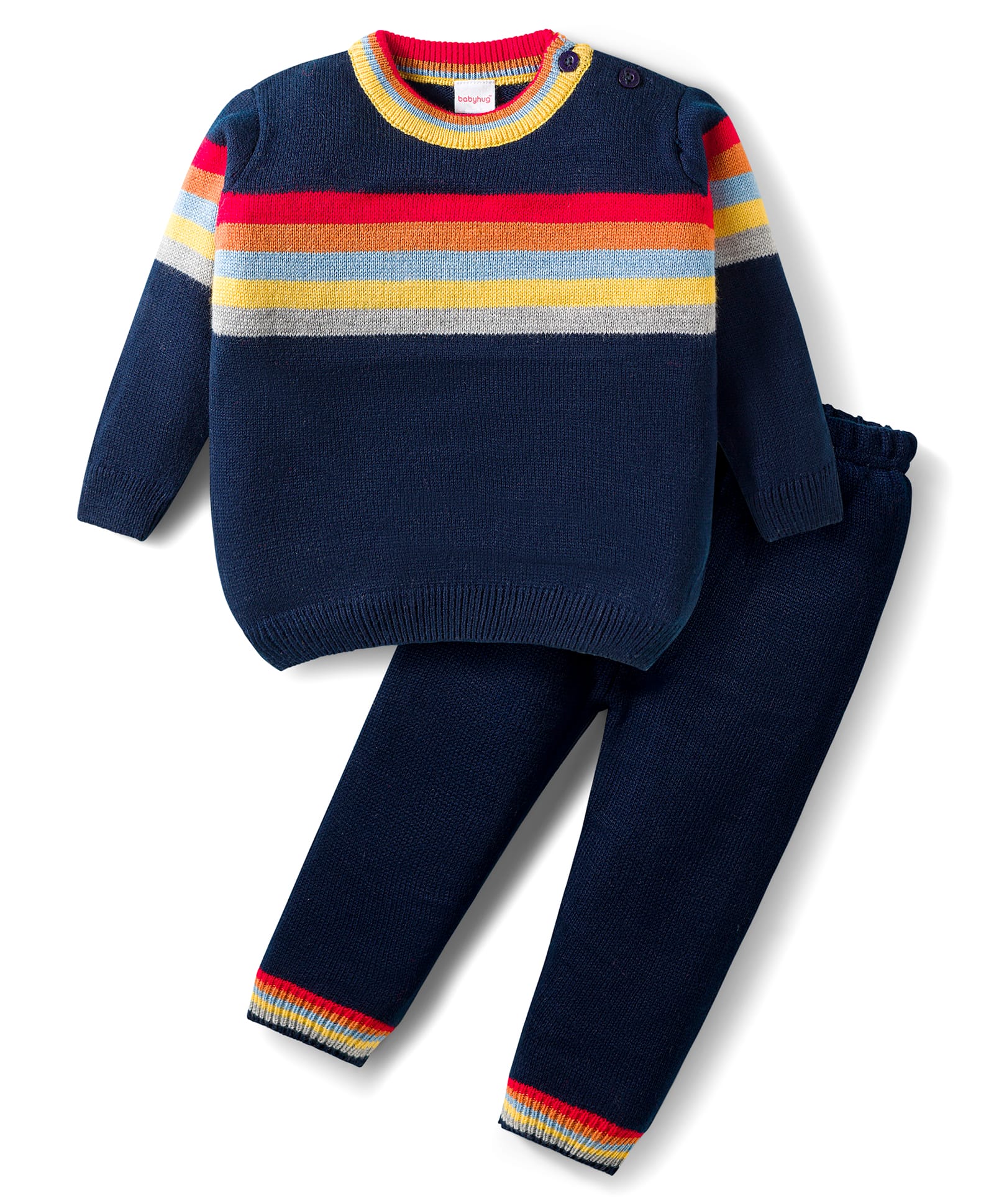 Babyhug Knit Full Sleeves Sweater Set With Stripes - Navy Blue-image-35