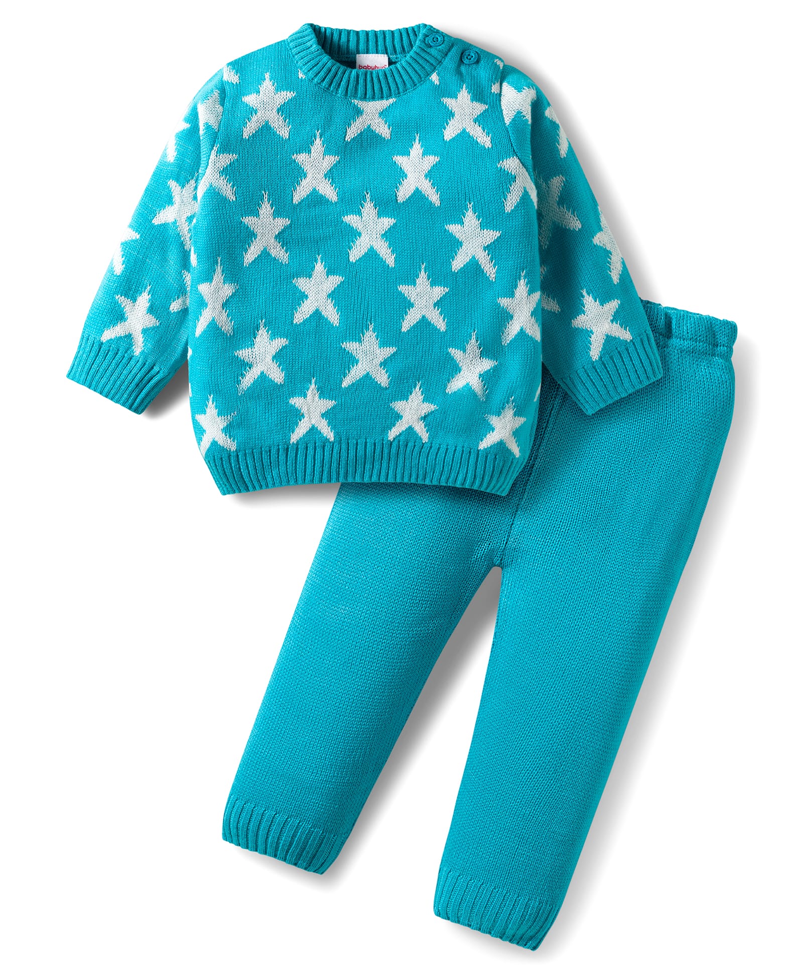 Babyhug Knit Full Sleeves Sweater Set With Star Design - Light Blue