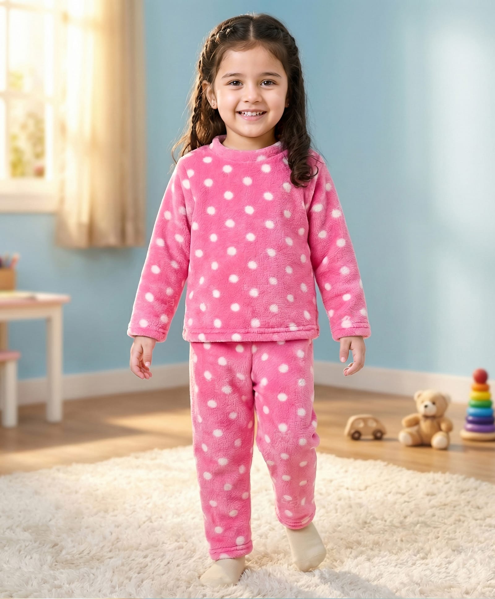 Babyhug Velour Knit Full Sleeves Co-ords Night Suit With Polka Dot Print - Pink
