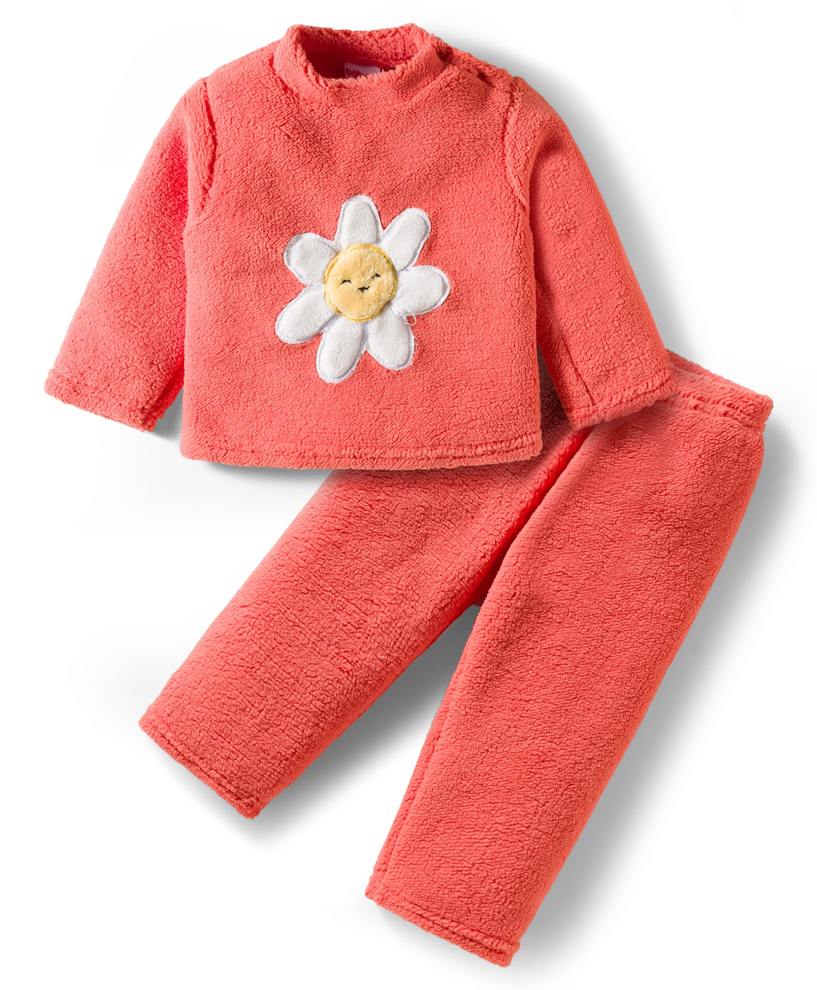 Babyhug Velour Knit Full Sleeves Winter Wear Night Suit With Floral Embroidery - Coral