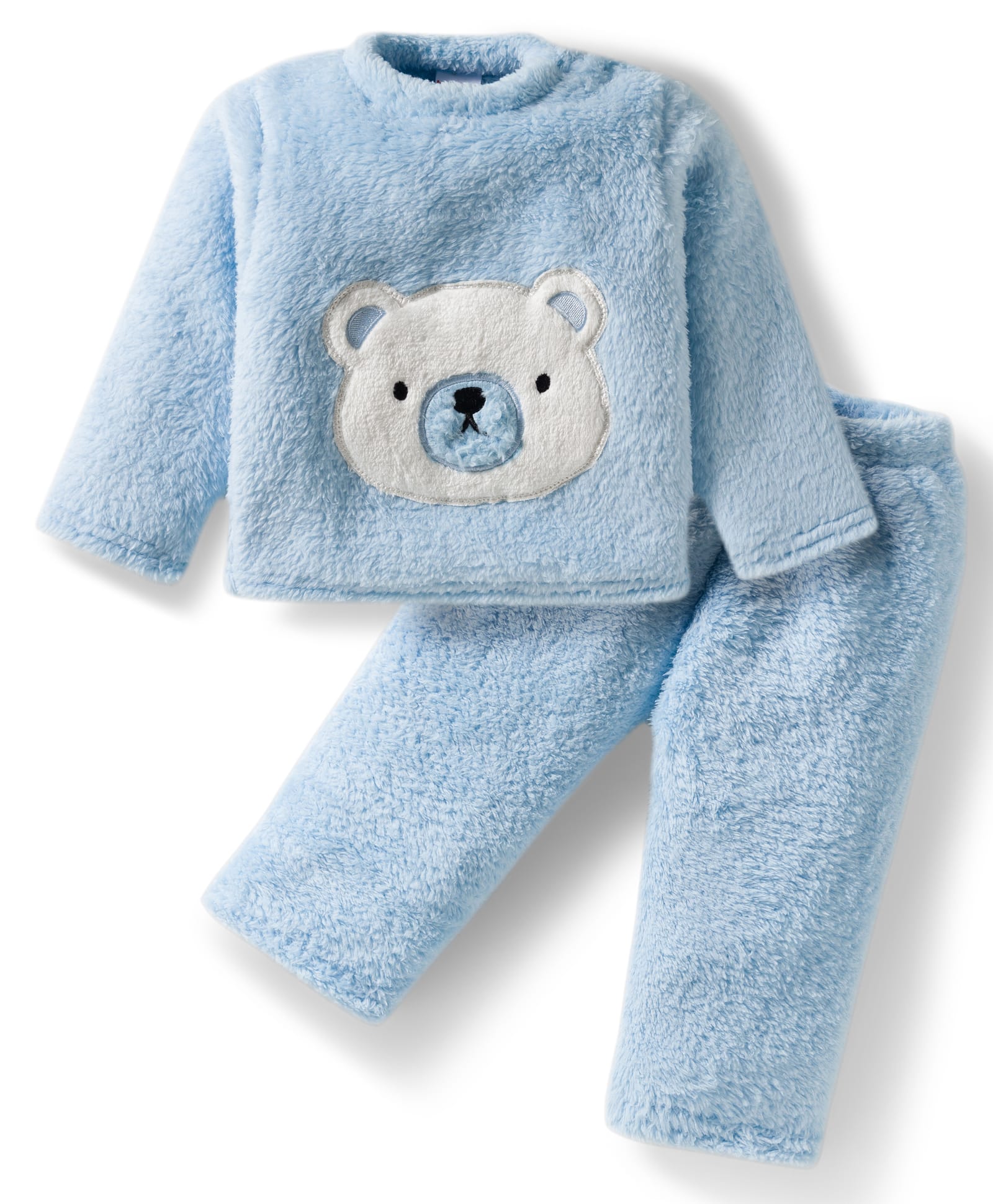 Babyhug Velour Knit Full Sleeves Winter Wear Night Suit With Teddy Bear Patch - Light Blue