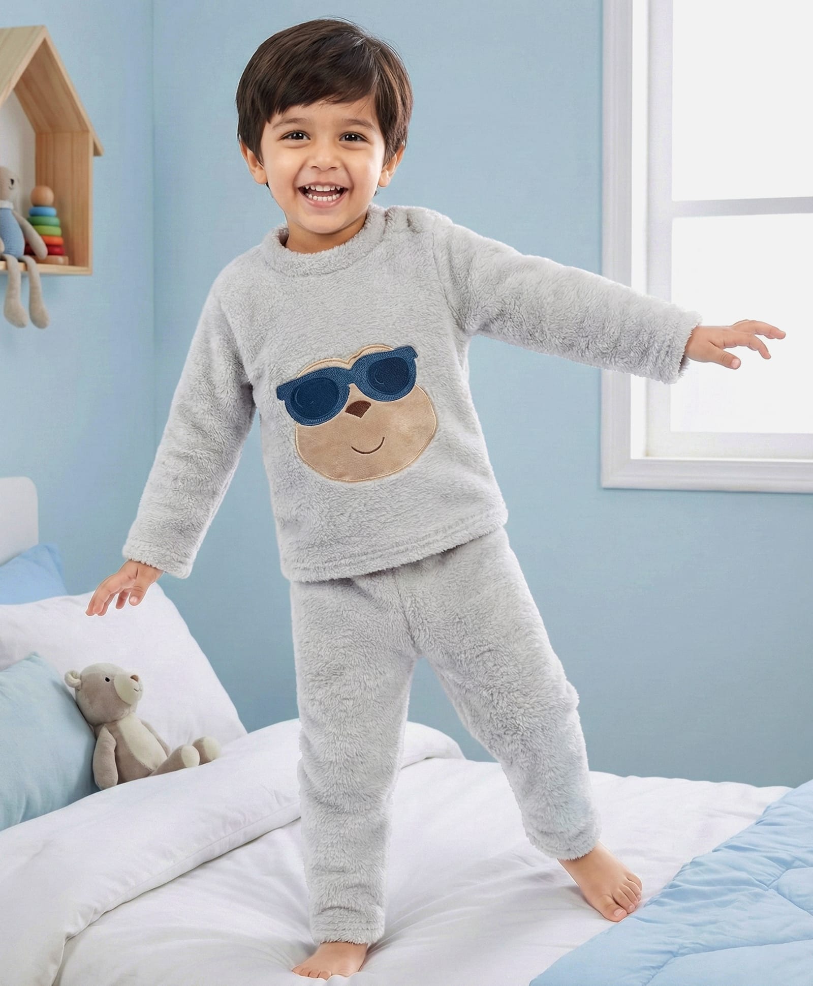 Babyhug Velour Knit Full Sleeves Winter Wear Night Suit With Smiley Face - Grey