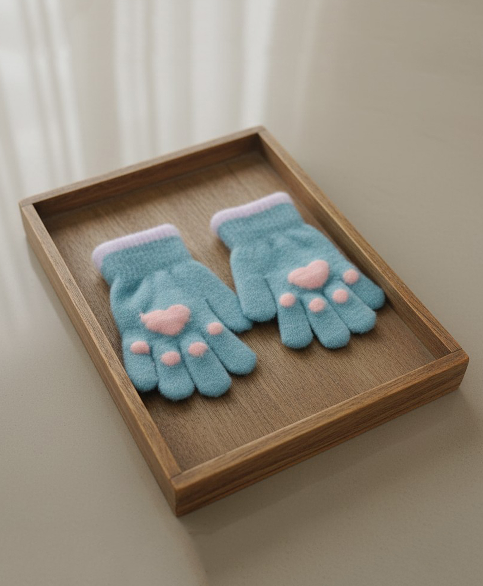 Ziory Woollen Knit Heart Designed Gloves - Light Blue