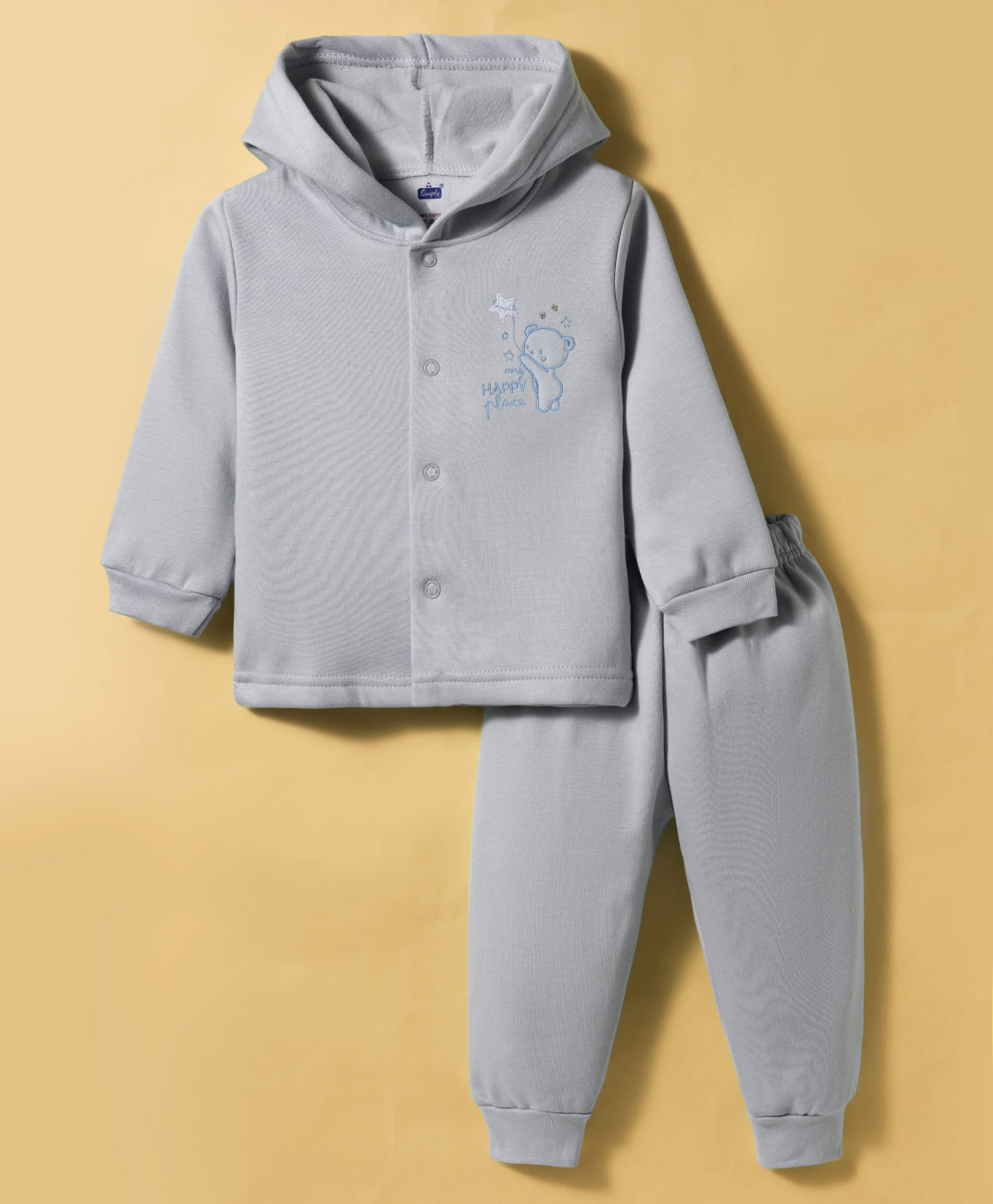 Simply Fleece Knit Full Sleeves Night Suit With Animal Embriodery - Grey