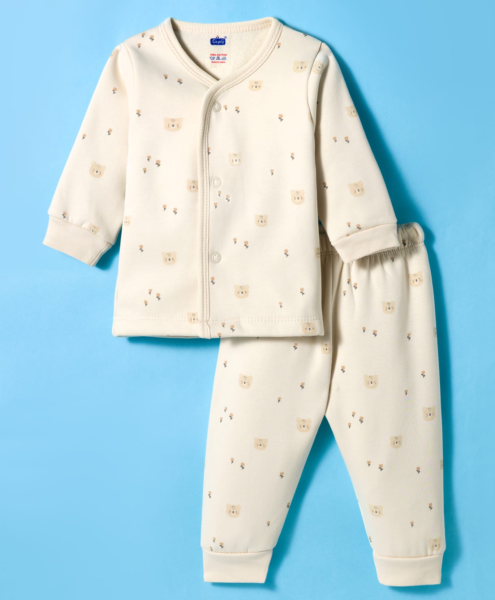 Simply Fleece Knit Full Sleeves Co-ords Winter Wear Night Suit With Animal Print - Cream-image-21