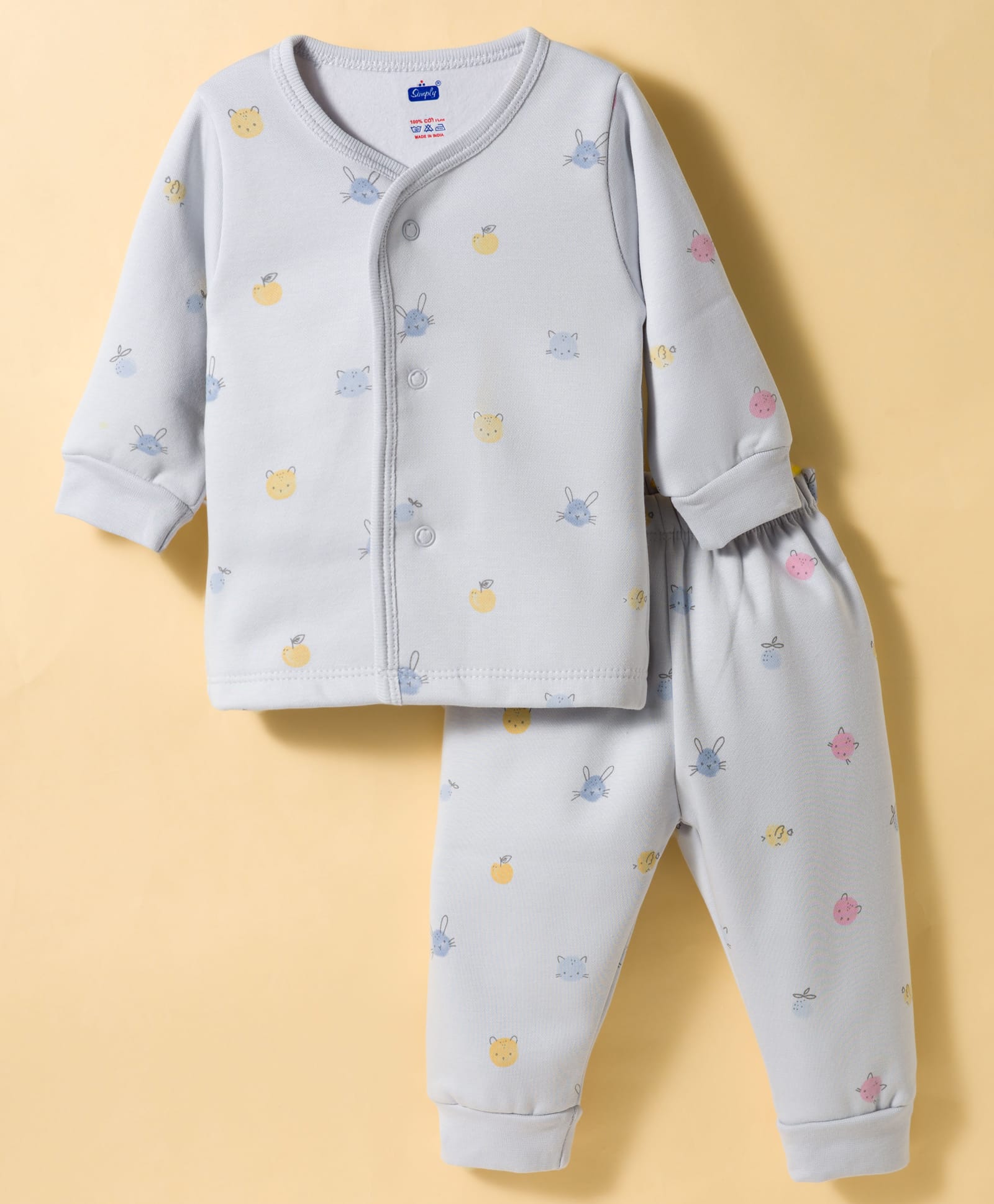 Simply Fleece Knit Full Sleeves Night Suit With Animal Print - Grey-image-28