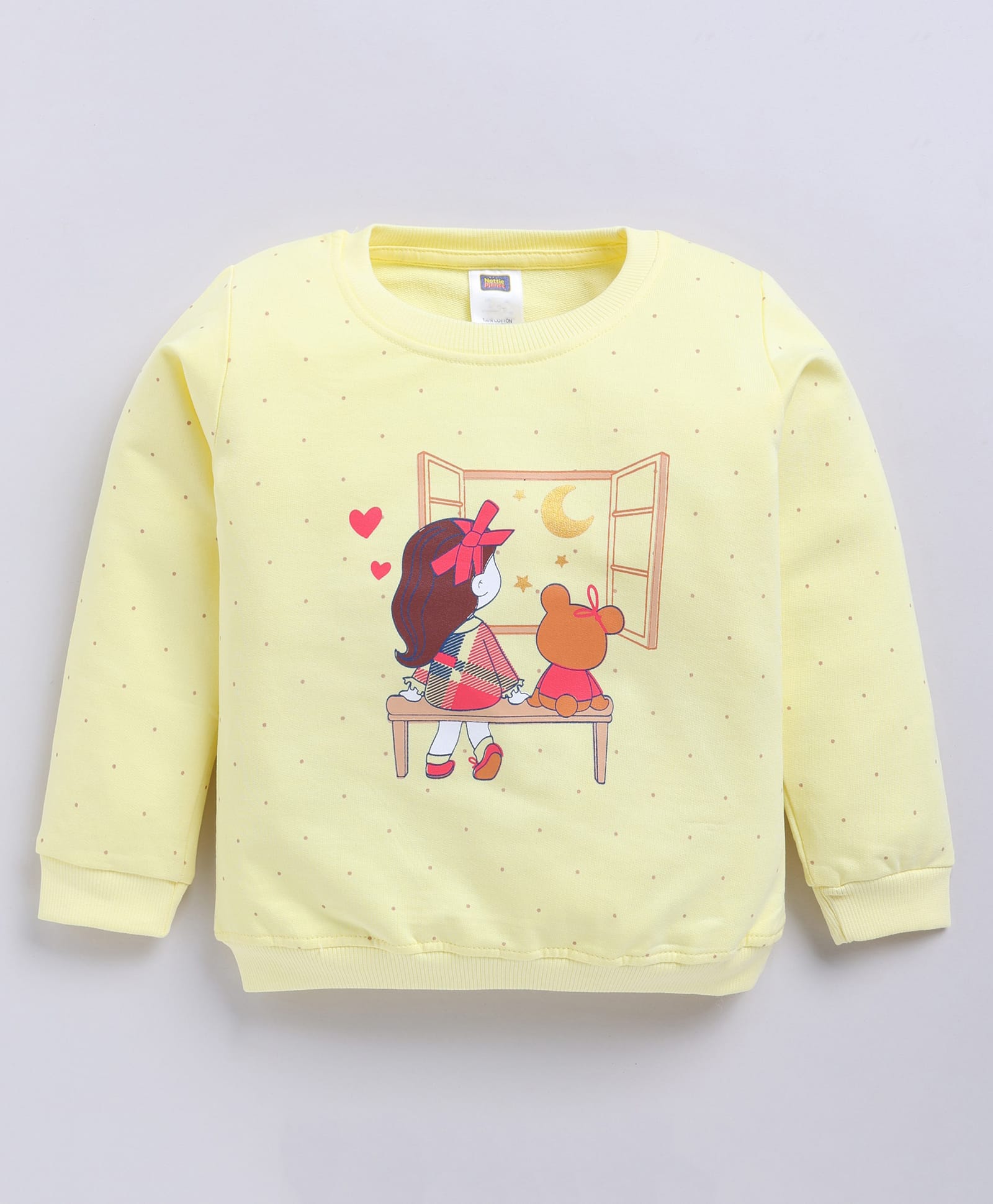 Nottie Planet Cotton Looper Knit Full Sleeves Girl & Teddy Printed Light Winter Sweatshirt - Lemon-picture-23