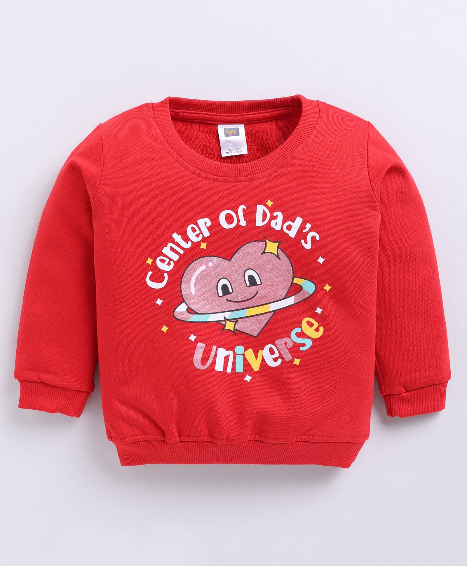 Nottie Planet Cotton Looper Knit Full Sleeves Center Of Dads Universe Text Printed Light Winter Sweatshirt - Red-image-30