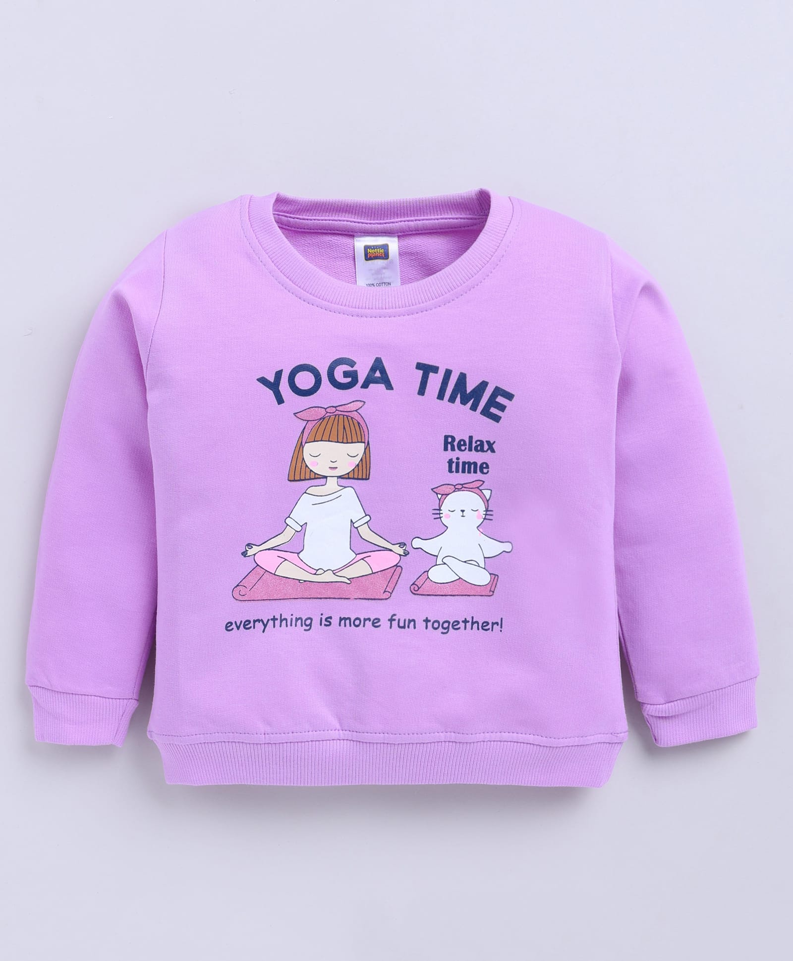 Nottie Planet Cotton Looper Knit Full Sleeves Girl & Cat Printed Light Winter Sweatshirt - Lavender-picture-10