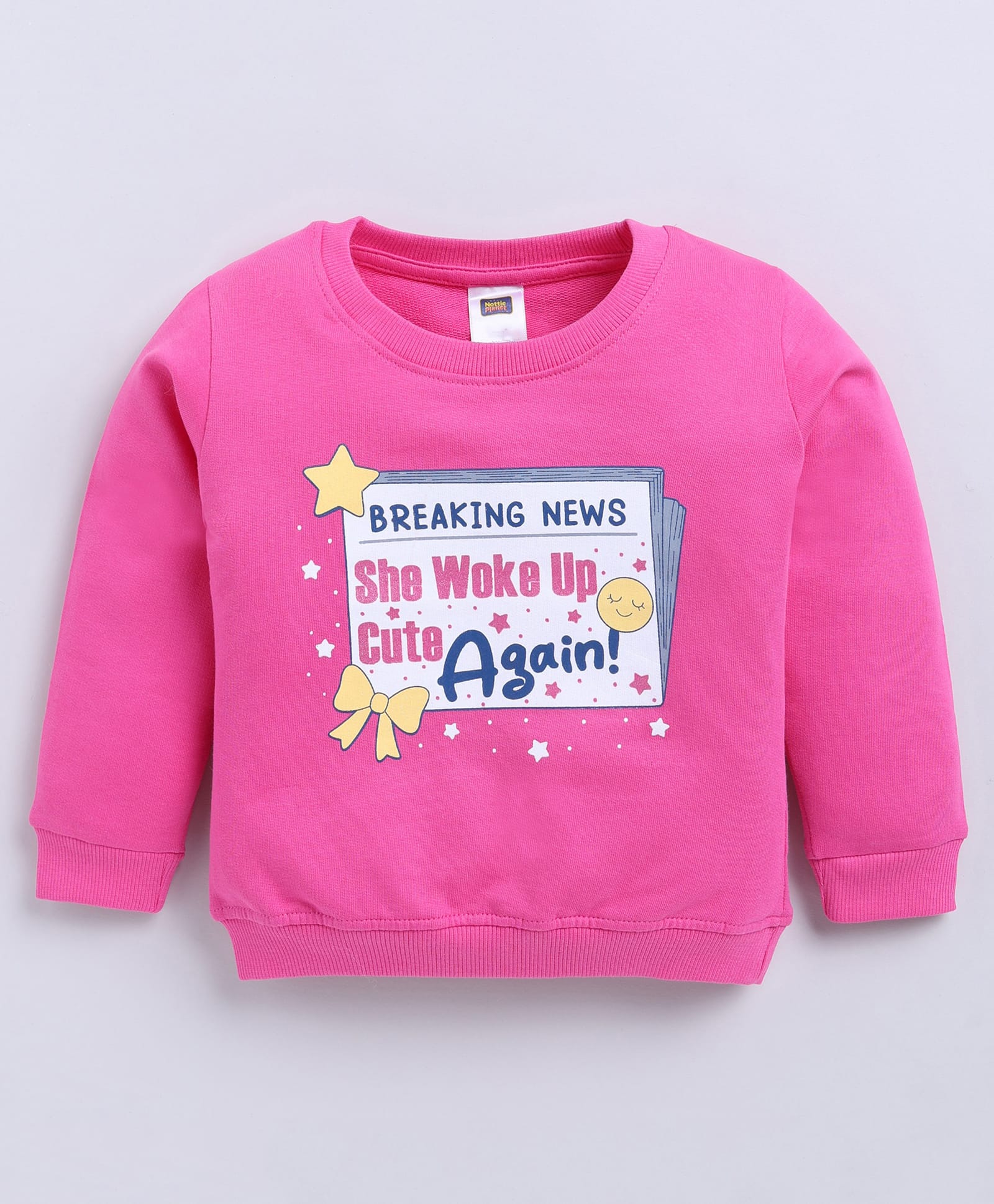 Nottie Planet Cotton Looper Knit Full Sleeves She Woke Up Cute Again Text Printed Light Winter Sweatshirt - Rani-image-12