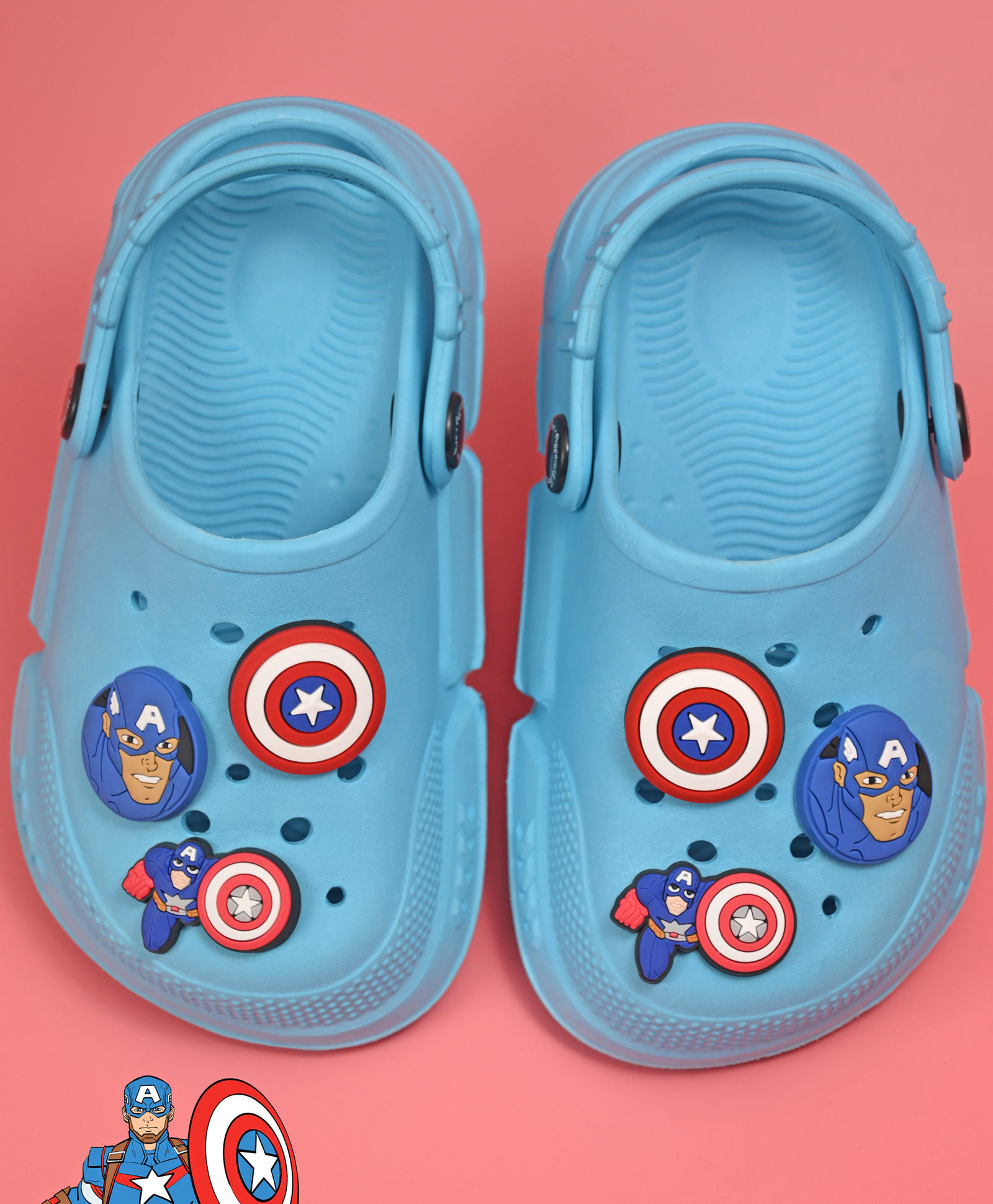 Yellow Bee Marvel Featuring Captain America Applique Detailed Slingback Clogs - Blue-picture-10