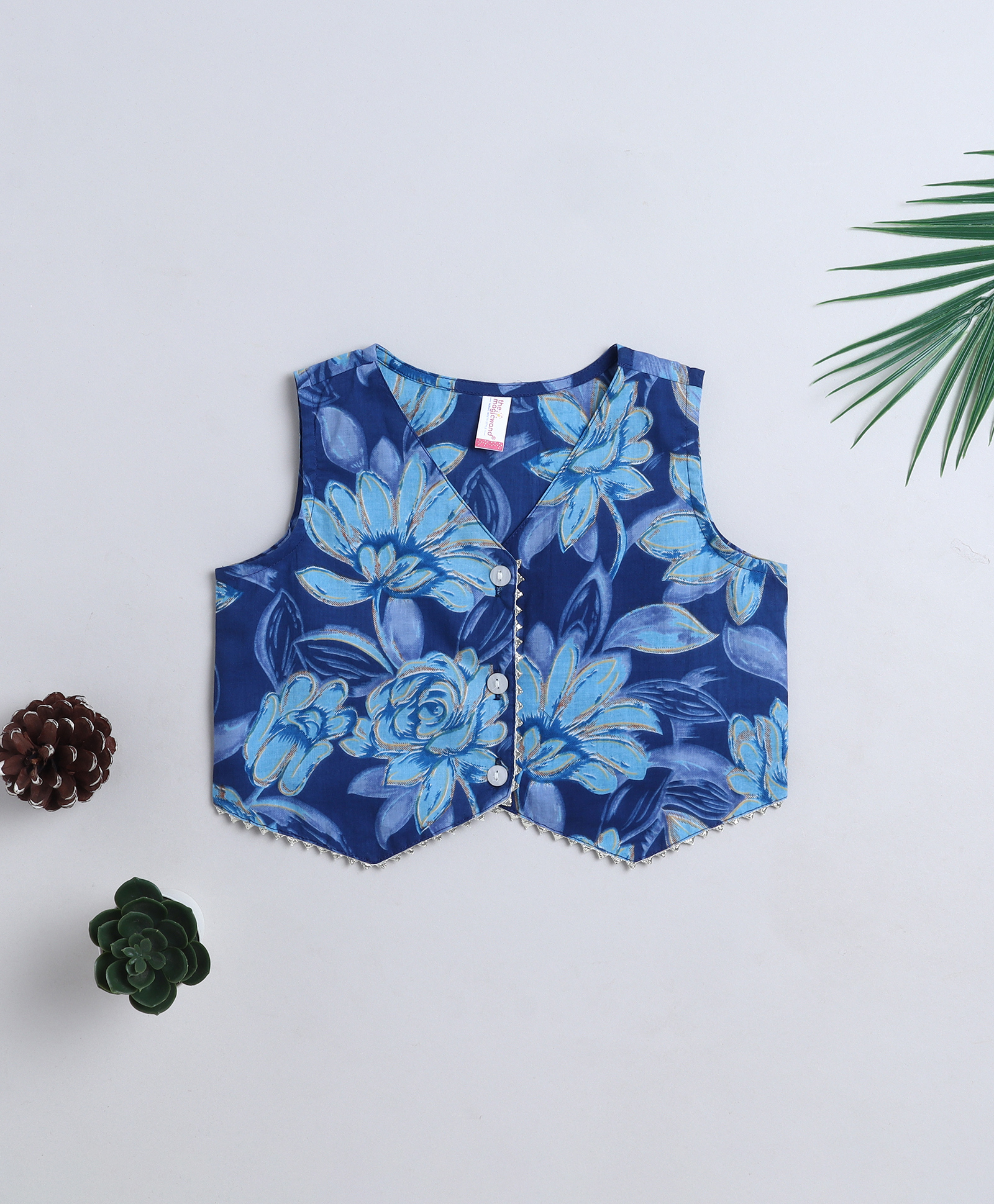 The Magic Wand Cotton Woven Sleeveless Floral Printed Waist Coat Style Top - Blue-picture-6