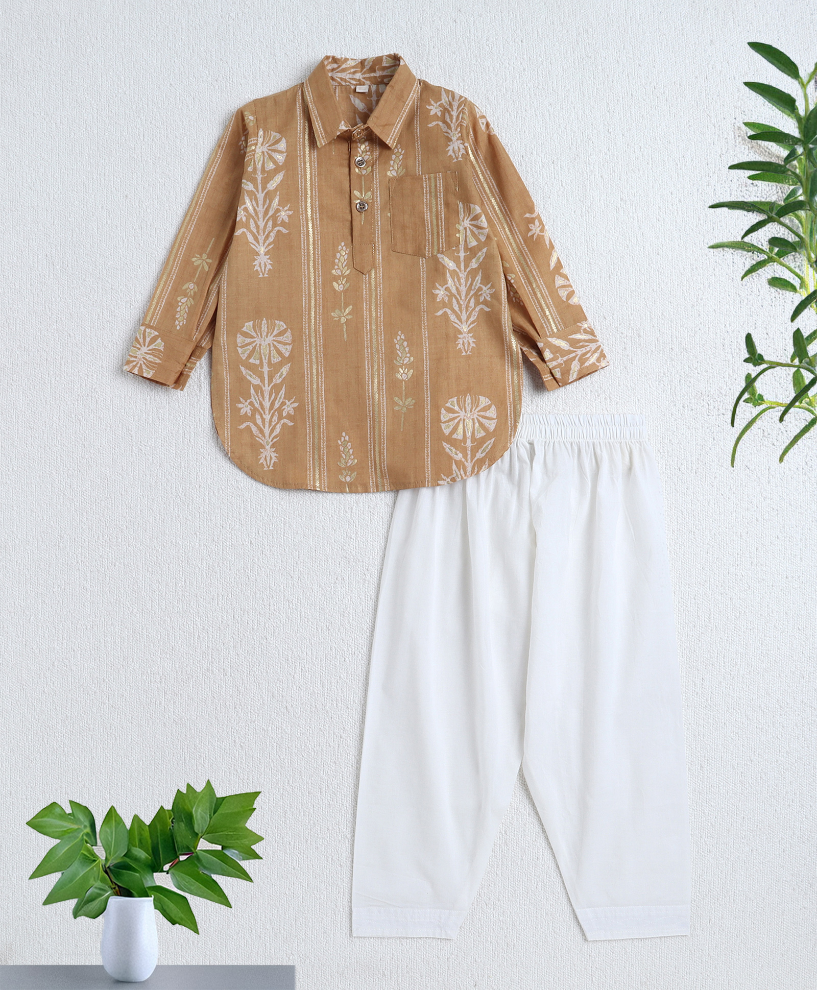 The Magic Wand Cotton Woven Full Sleeves Floral Foil Printed Kurta Pyjama Set - Mustard-image-24