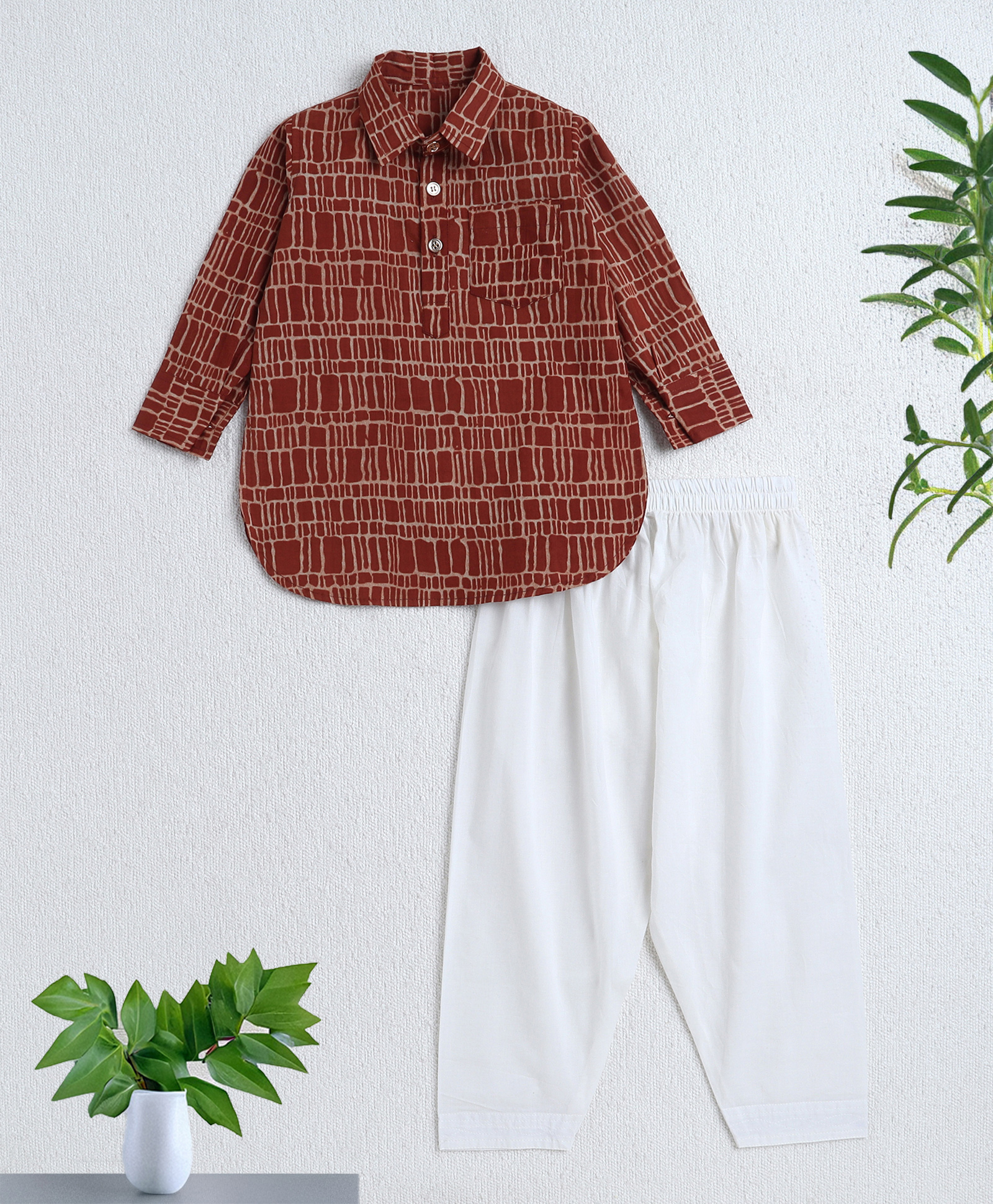 The Magic Wand Cotton Woven Full Sleeves Abstract Designed Kurta Pyjama Set - Rust-picture-33