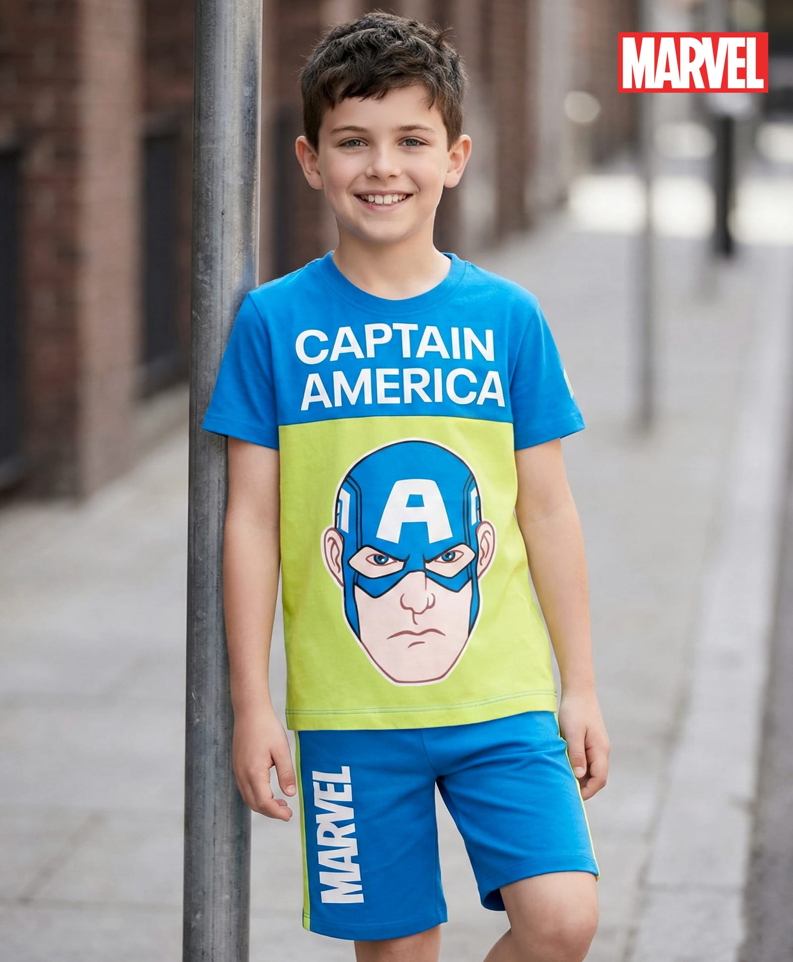 Pine Kids Marvel Single Jersey Knit Half Sleeves T-Shirt & Short Set With Captain America Print - Blue-image-37