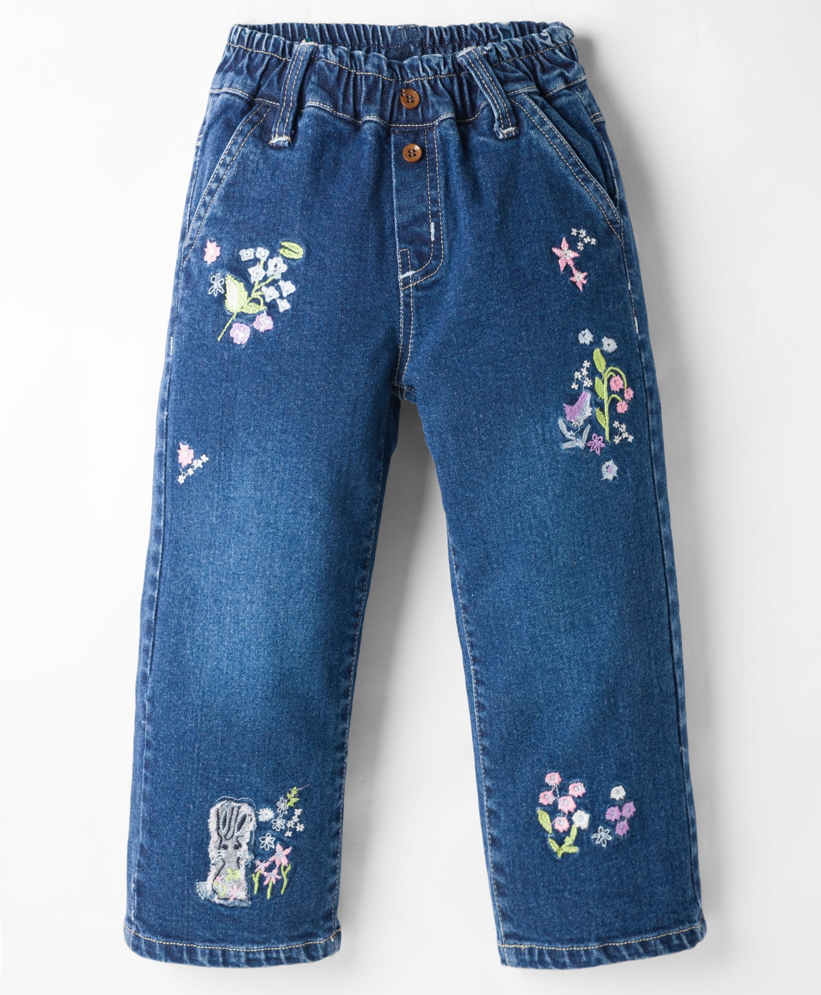 Olio Kids Woven Full Length Denim Jeans With Floral Embroidery - Navy Blue-picture-20