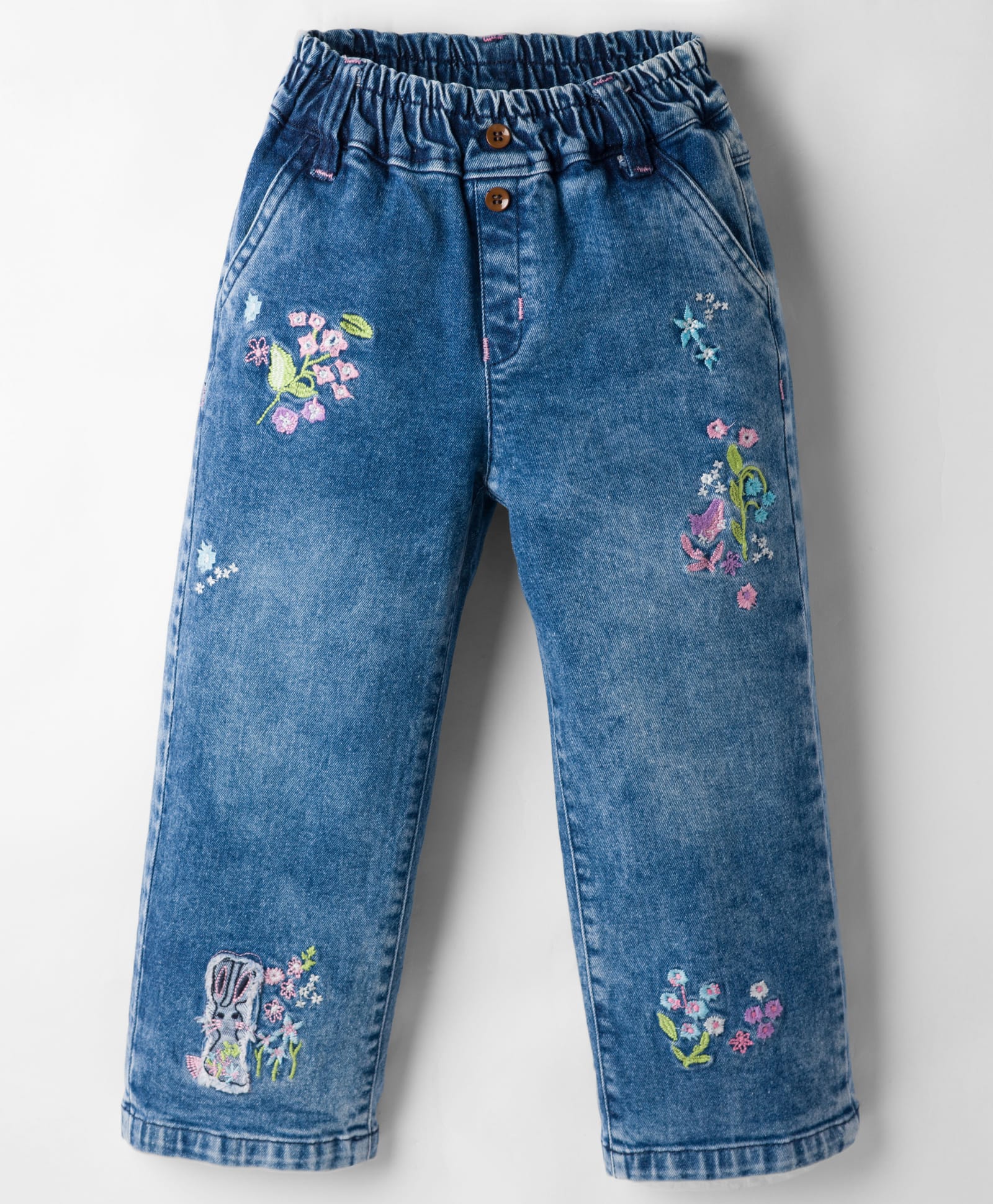 Olio Kids Woven Full Length Denim Jeans With Floral Embroidery - Light Blue-picture-14