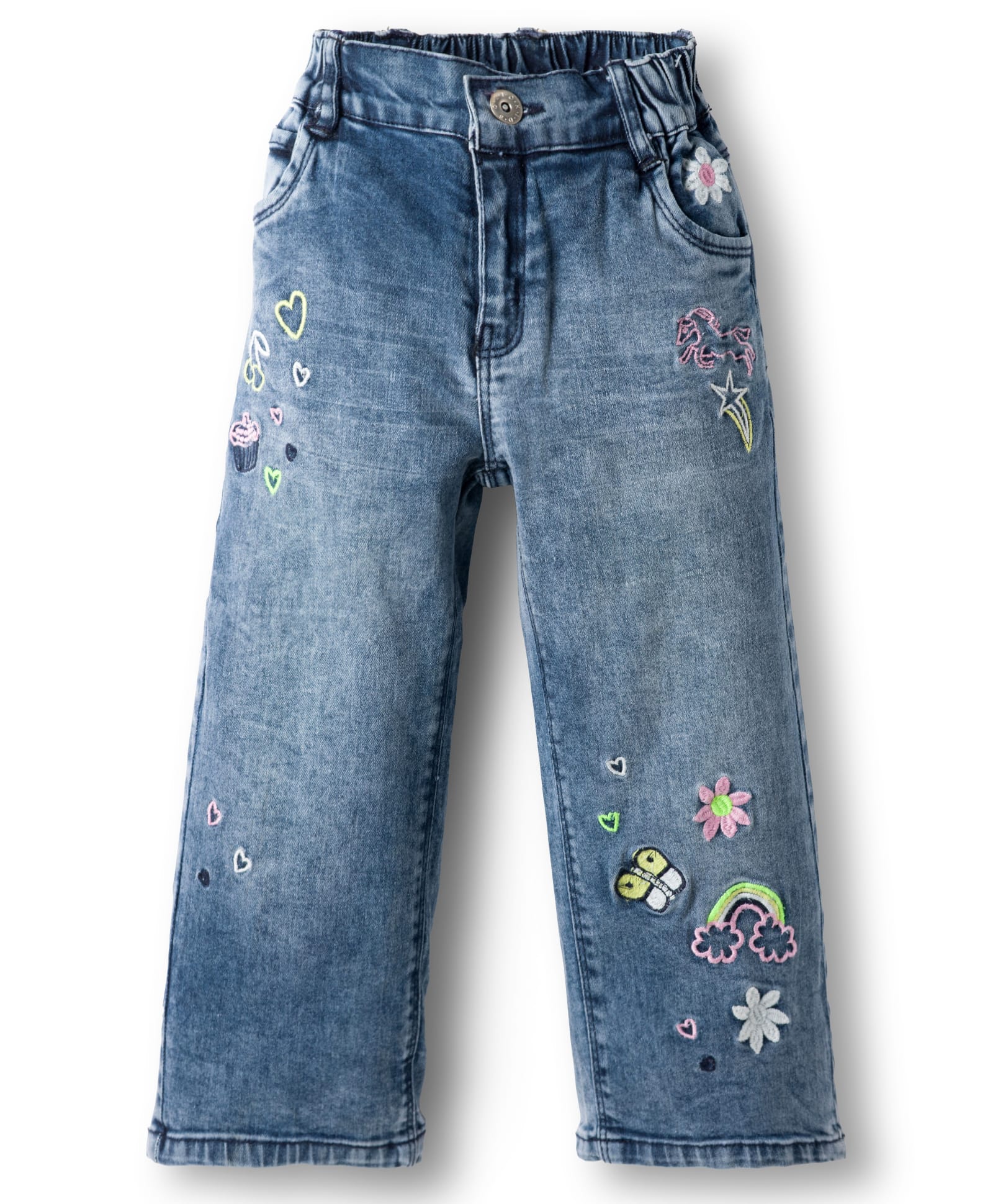 Olio Kids Woven Full Length Denim Jeans With Embroidery Detailing - Light Blue-picture-22