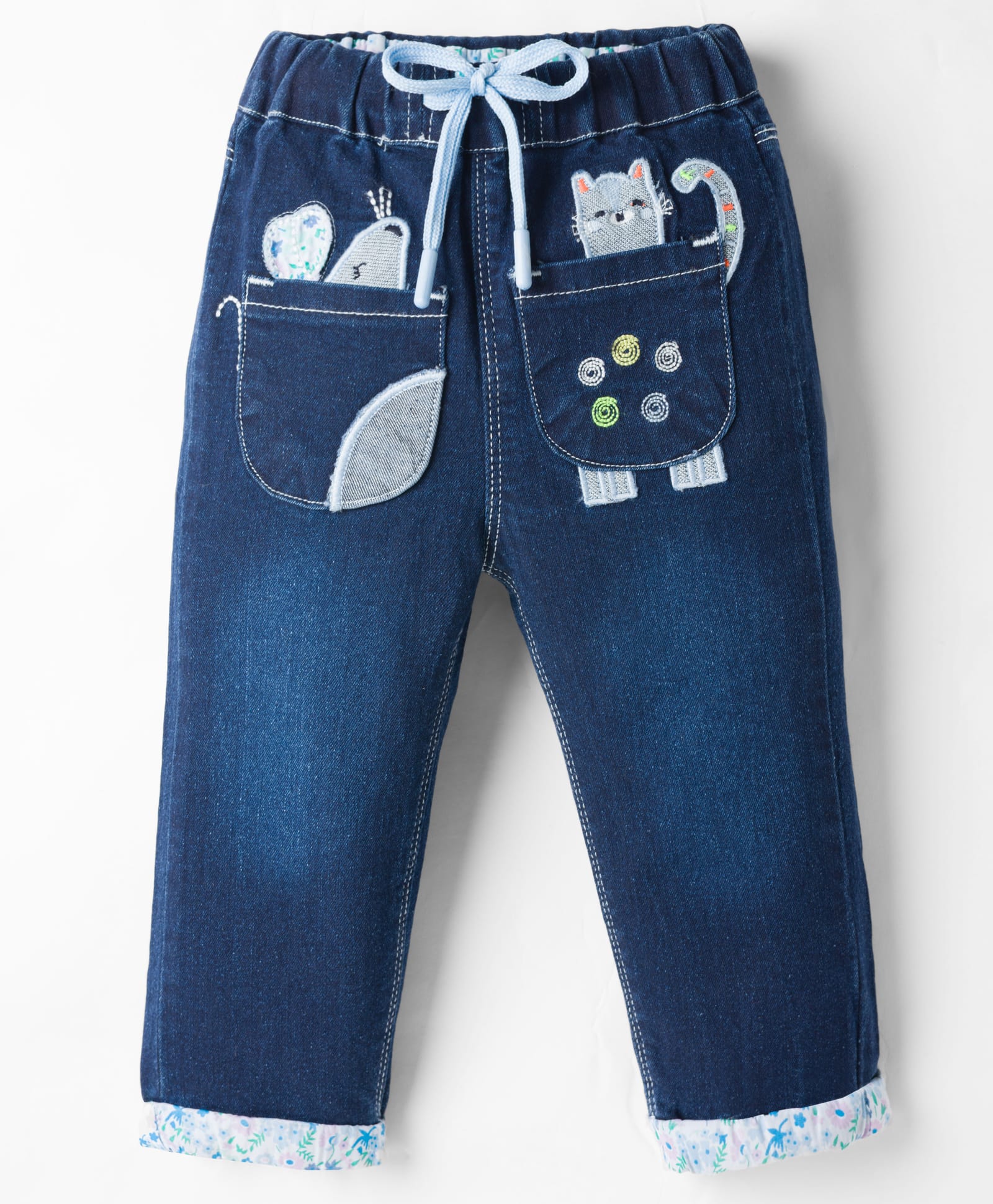 Olio Kids Woven Full Length Denim Jeans With Animal Embroidery - Navy Blue-picture-13