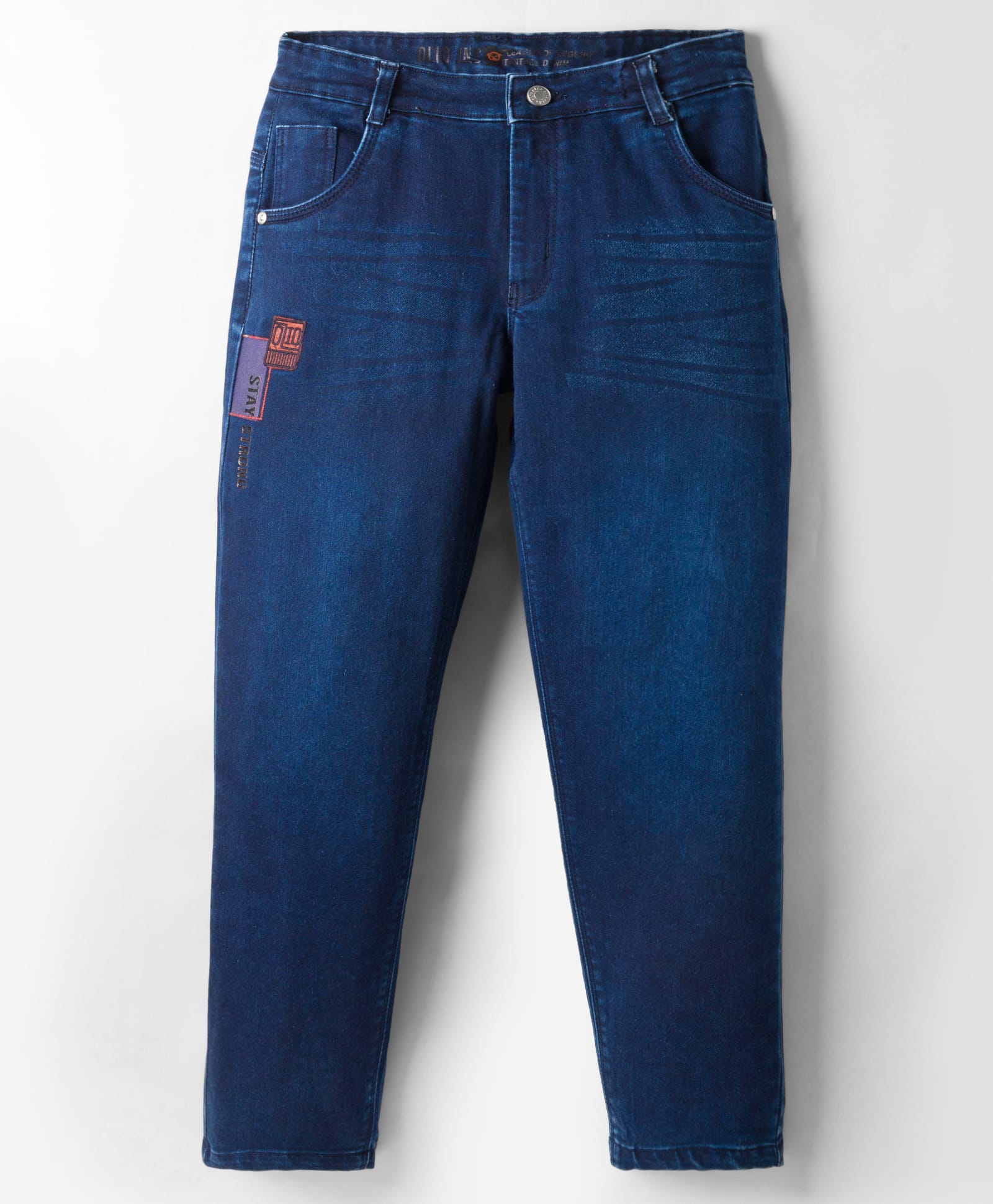 Olio Kids Full Length Solid Color Denim Jeans with Patch Detailing - Navy Blue-picture-28