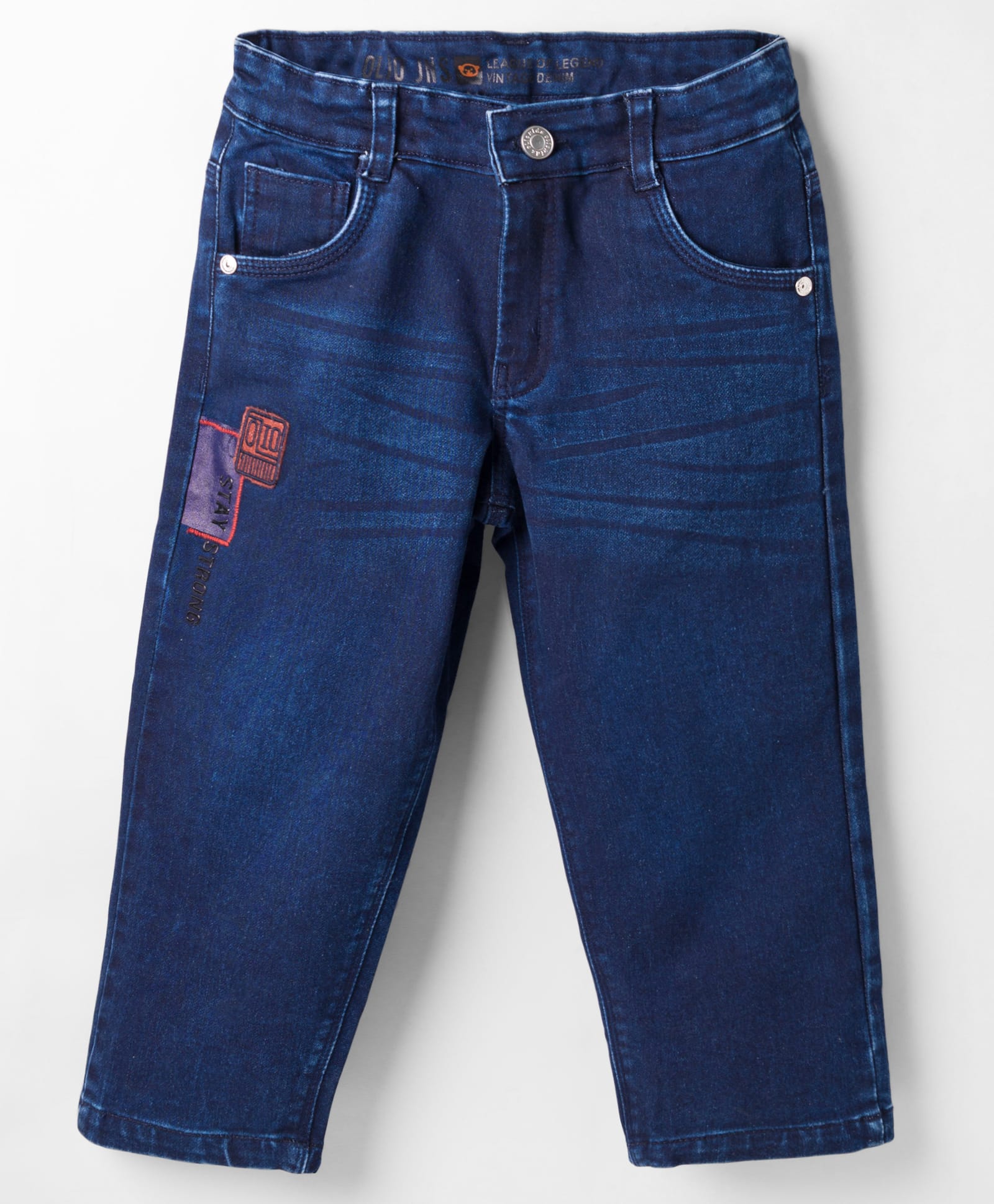 Olio Kids Full Length Solid Color Denim Jeans with Patch Detailing - Navy Blue-picture-25