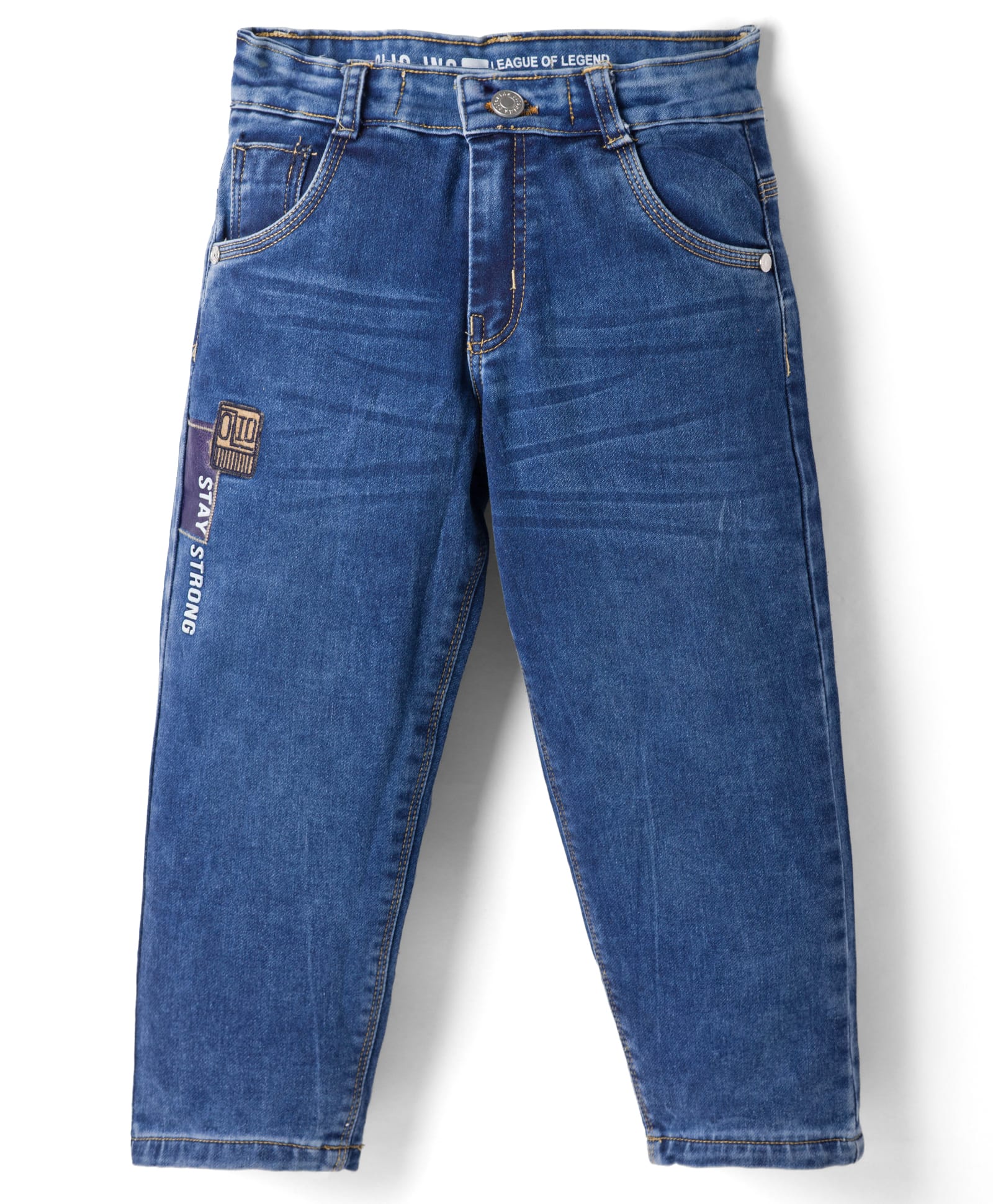 Olio Kids Full Length Solid Color Denim Jeans with Patch Detailing - Light Blue-picture-12