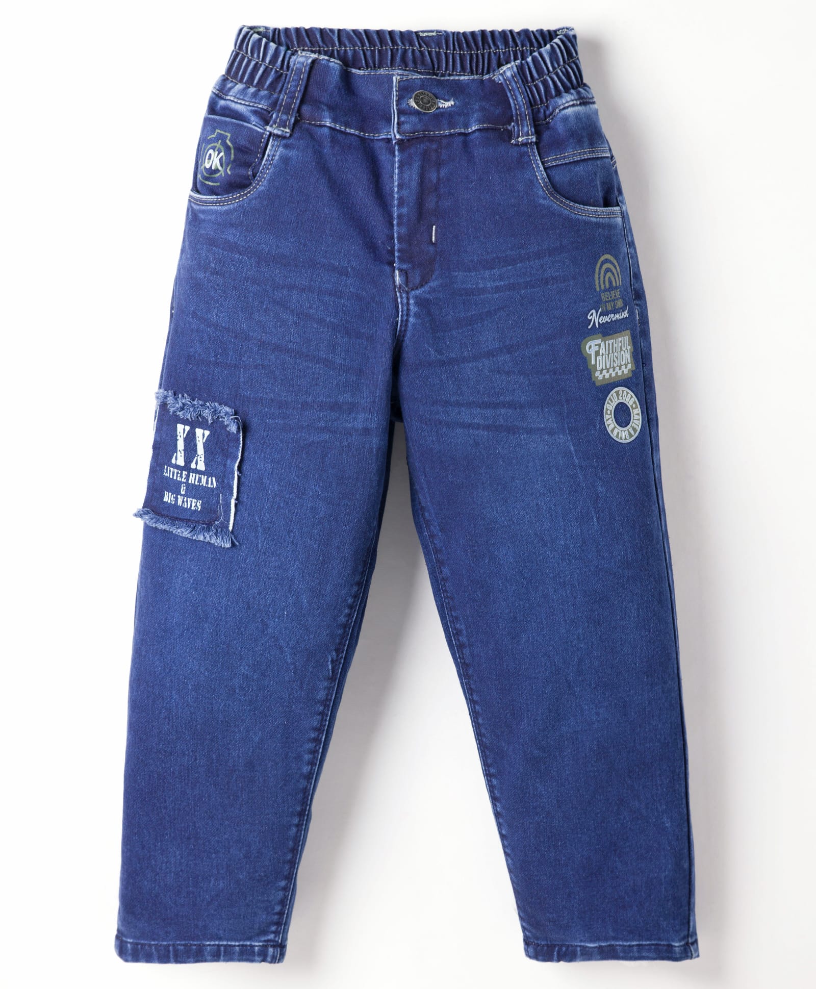 Olio Kids Full Length Denim Jeans with Patch Detailing & Text Graphic - Navy Blue-picture-17