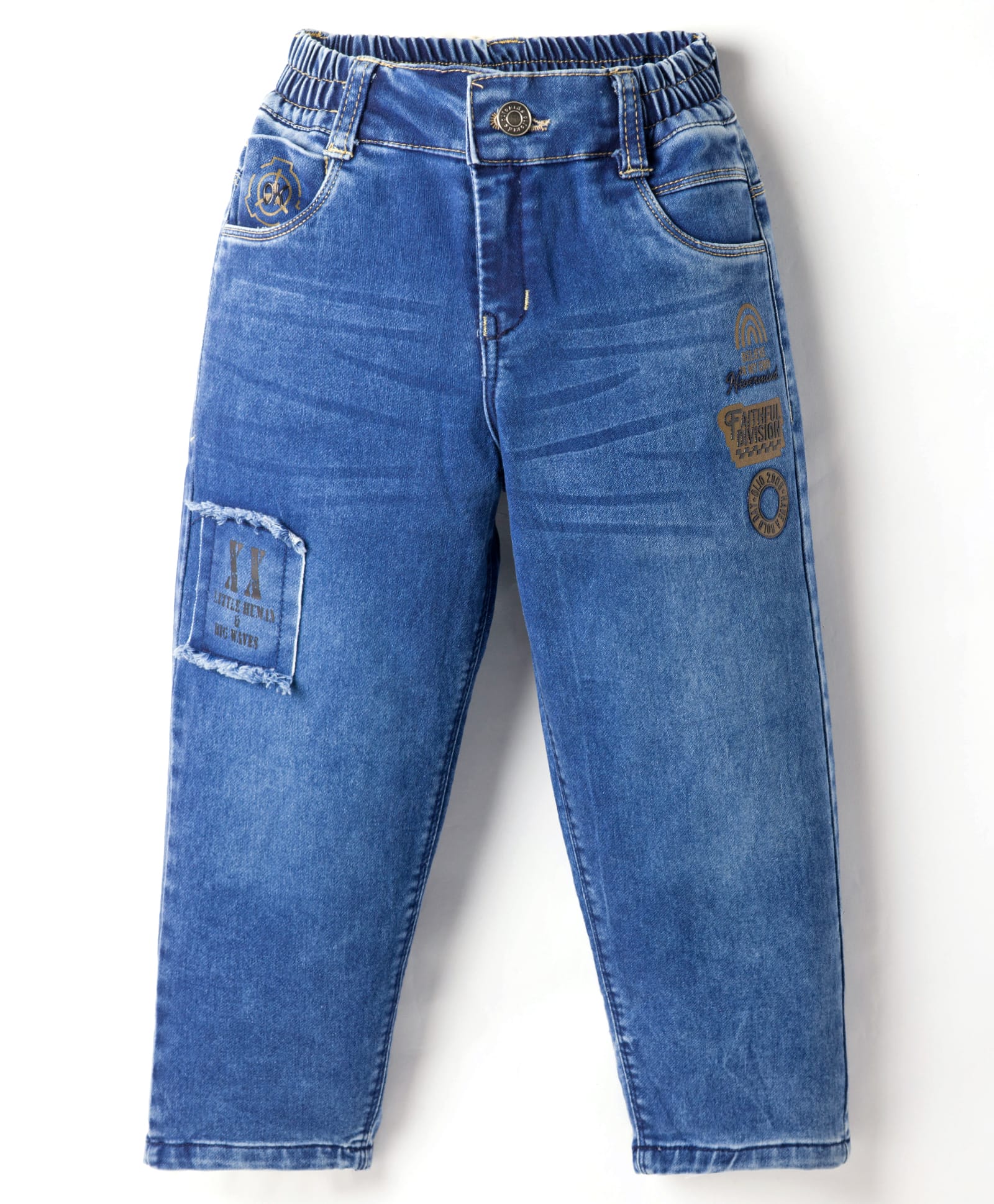 Olio Kids Full Length Denim Jeans with Patch Detailing & Text Graphic - Light Blue-picture-20