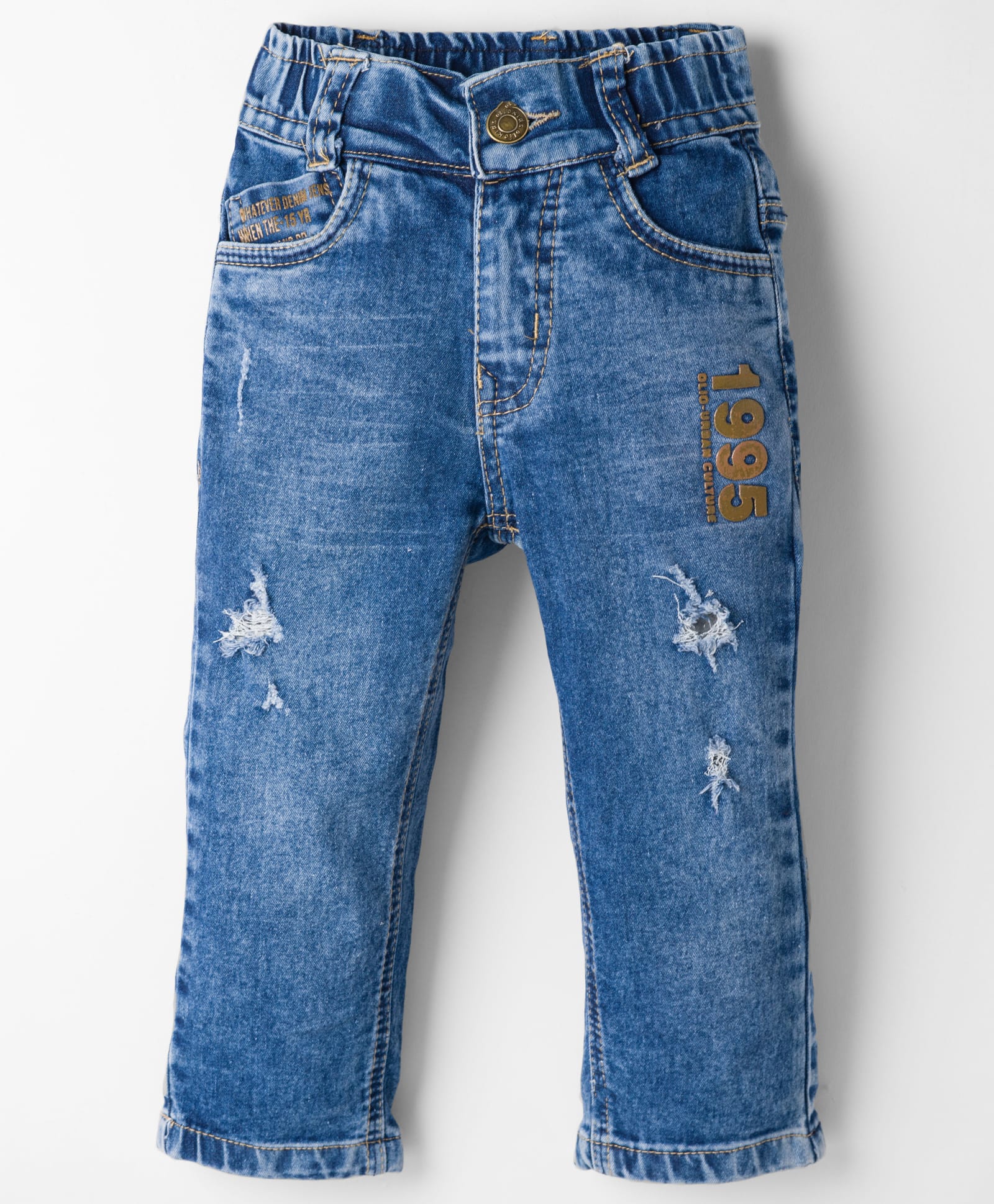 Olio Kids Woven Full Length Denim Jeans With 1995 Print & Distressed Design - Navy Blue-picture-46