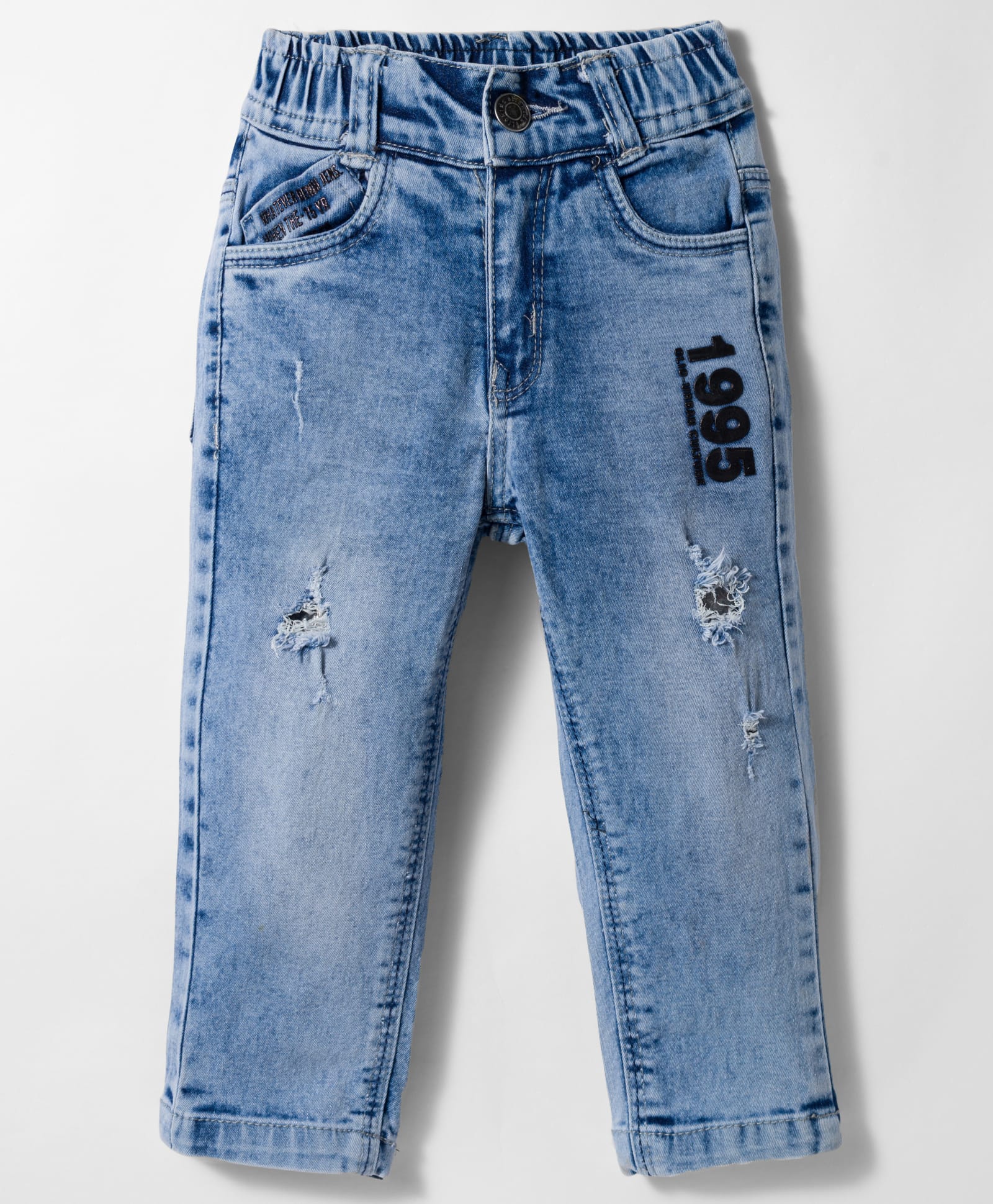 Olio Kids Woven Full Length Denim Jeans With 1995 Print & Distressed Design - Light Blue-picture-22