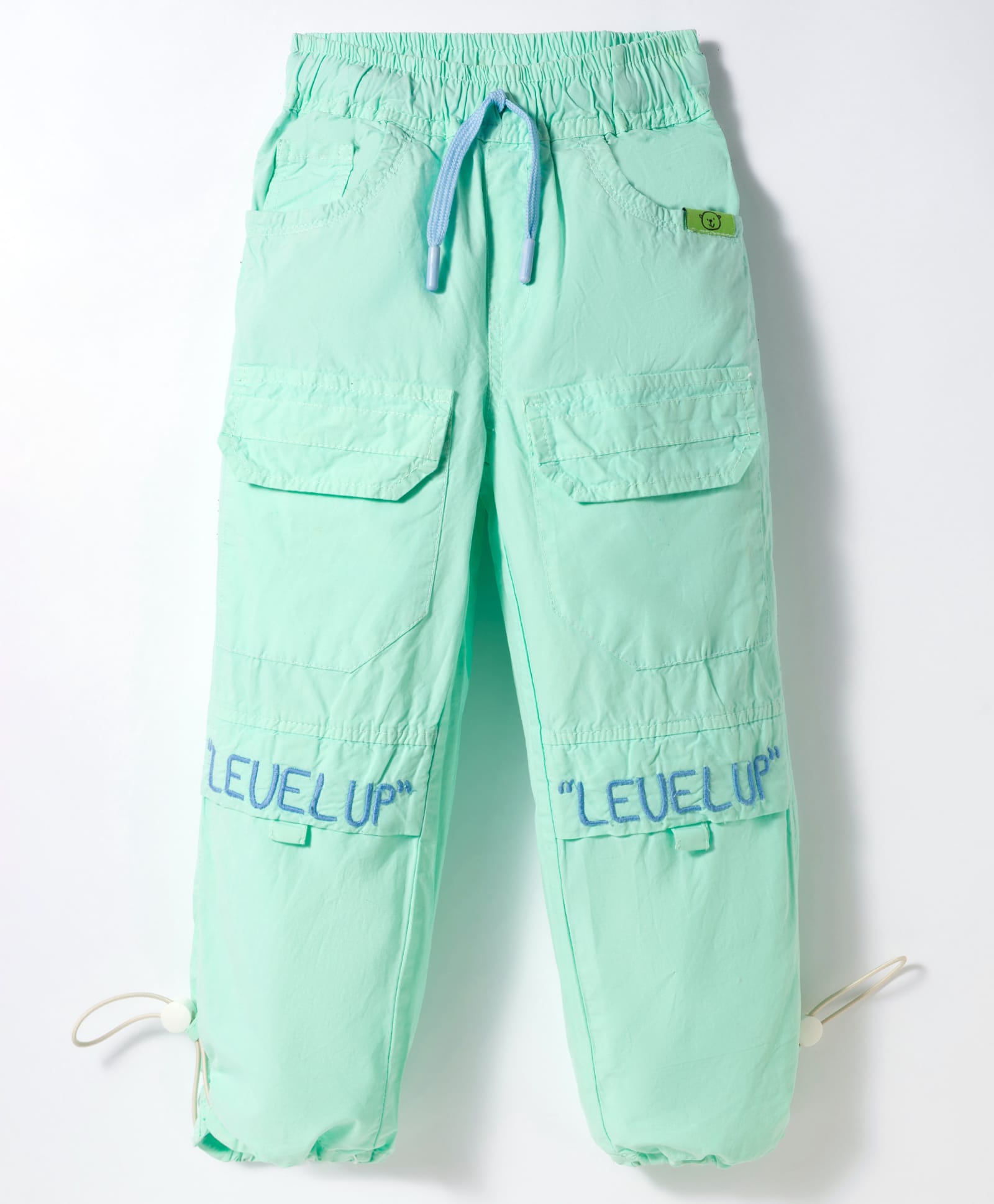 Olio Kids Cotton Woven Full Length Trouser with Text Embroidery - Sea Green-picture-24