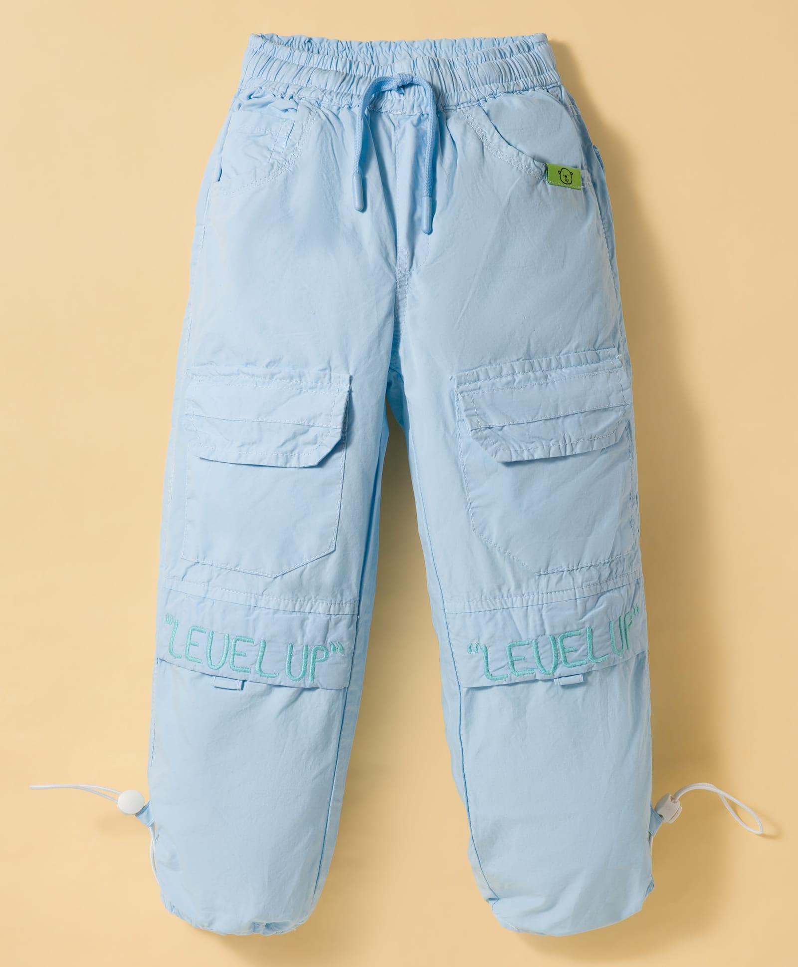 Olio Kids Cotton Woven Full Length Trouser with Text Embroidery - Sky Blue-picture-15
