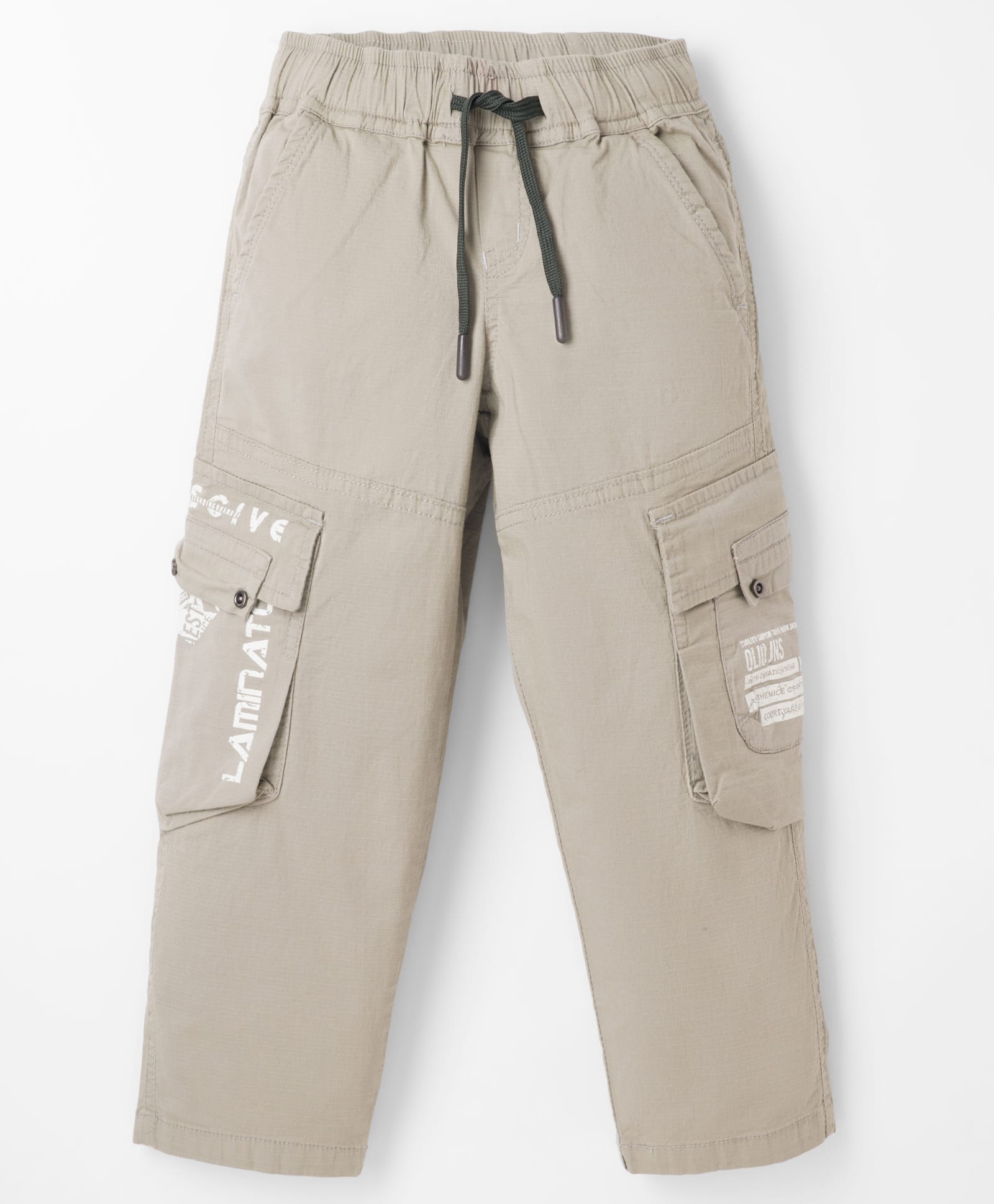Olio Kids Cotton Woven Full Length Solid Trouser With Text Print & Cargo Pockets - Tan-picture-31