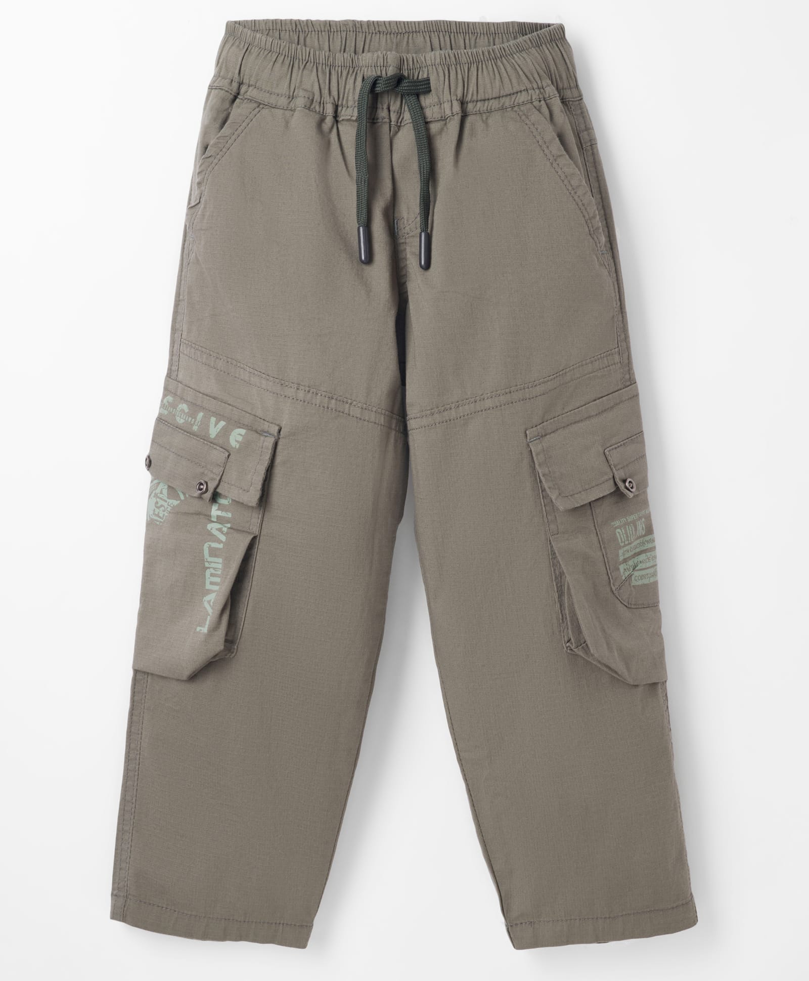 Olio Kids Cotton Woven Full Length Solid Trouser With Text Print & Cargo Pockets - Olive Green-picture-25