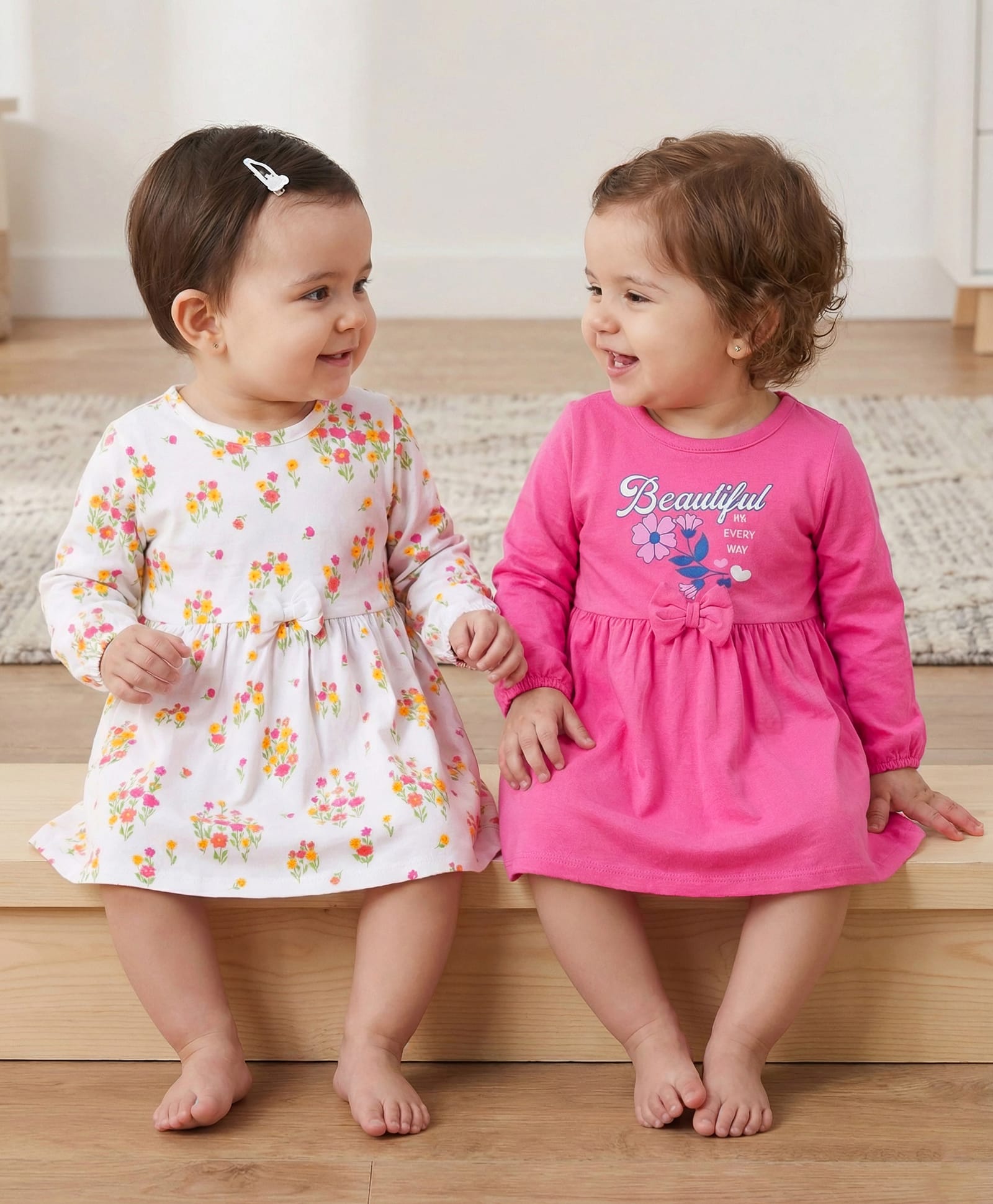 Doodle Poodle 100% Cotton Single Jersey Knit Full Sleeves Floral Printed Frocks Pack of 2 - White & Pink-image-17